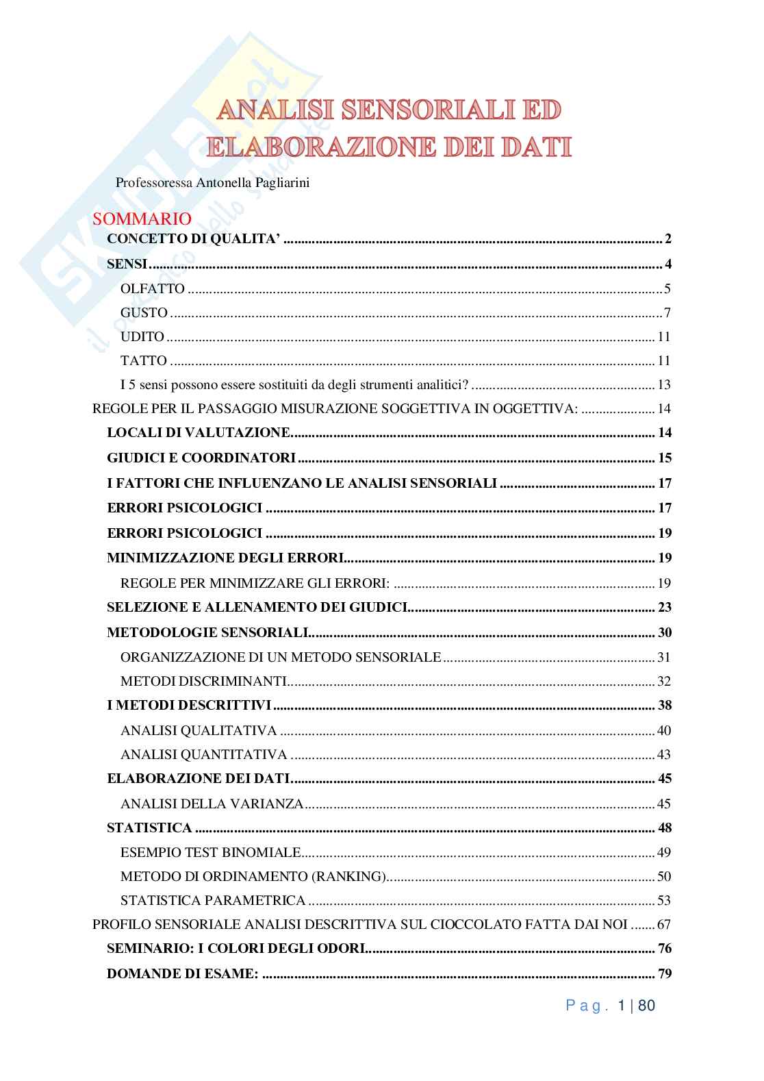 Analisi sensoriali ed elaborazione dei dati con domande esame Pag. 1