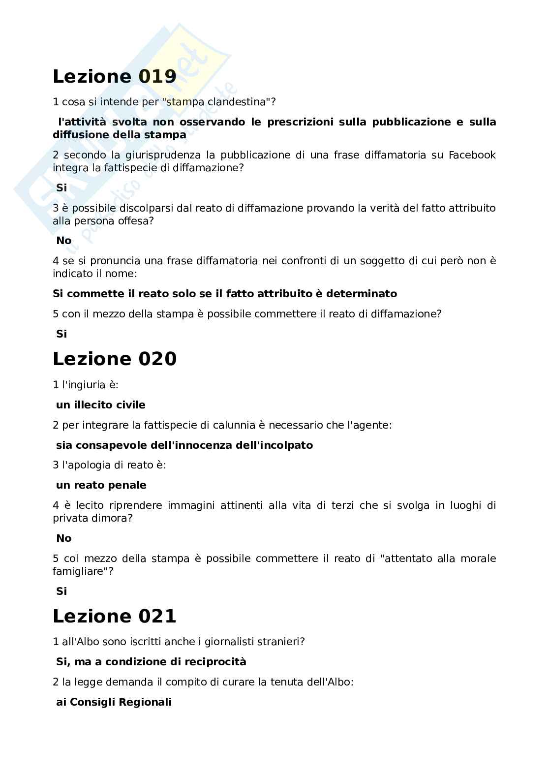 Paniere completo svolto delle risposte multiple dell'esame di Diritto dell'informazione e della comunicazione Prof. Massimo Piazzoli, Panieri di Diritto Dell'Informazione E Della Comunicazione Pag. 11