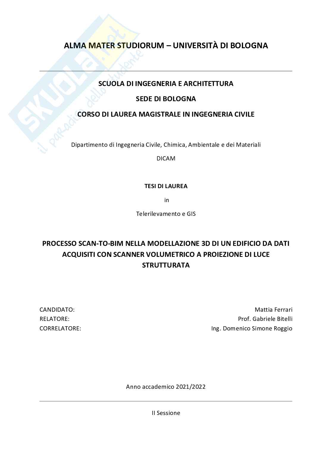 Processo Scan-to-BIM nella modellazione 3D di un edificio da dati acquisiti con scanner volumetrico a proiezione di luce strutturata Pag. 1