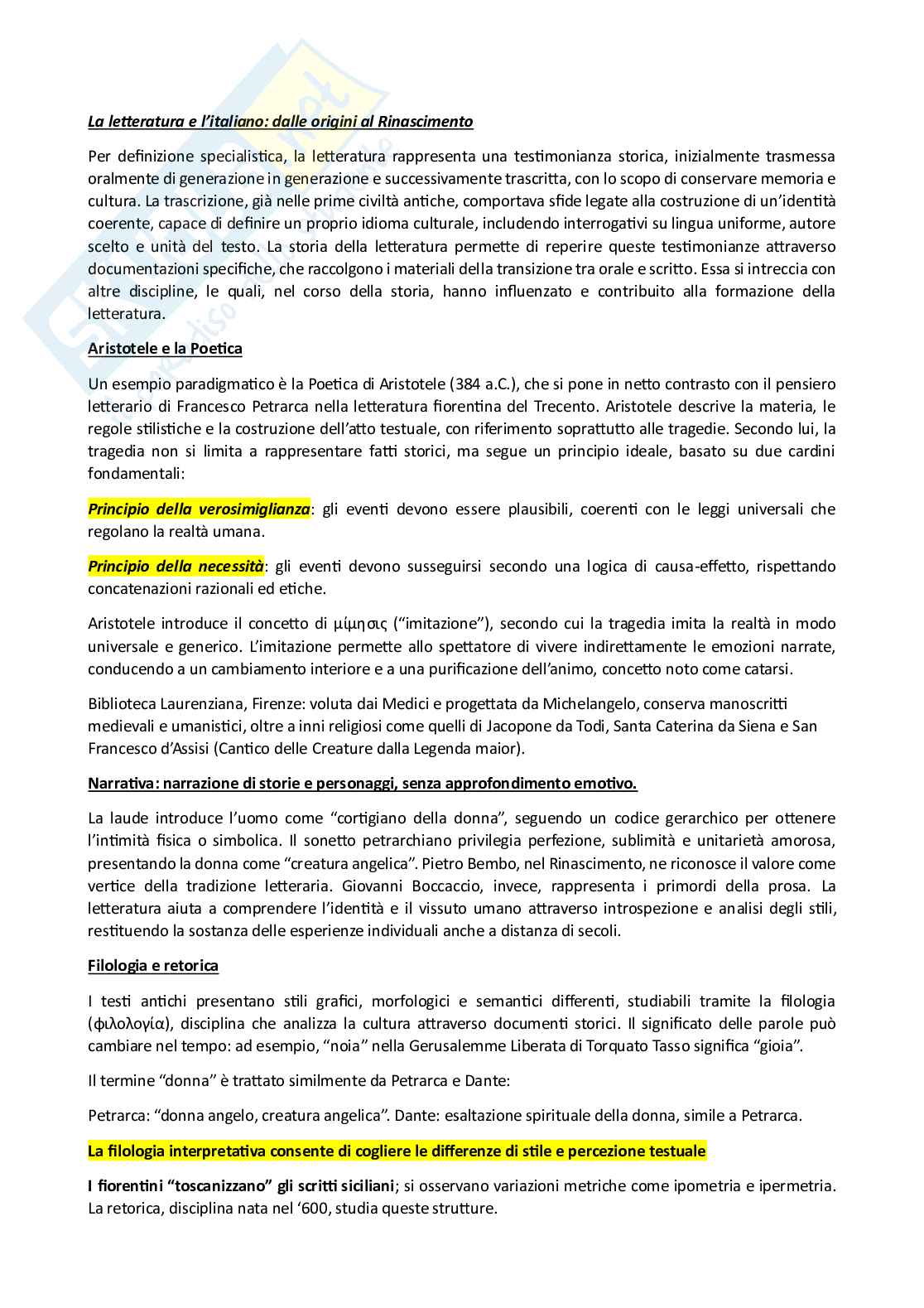 Riassunto esame Letteratura italiana 1 , Prof. Perrone Capano Carla, libro consigliato Letteratura italiana. Manuale per studi universitari. Vol. 1: Dalle origini a metà Cinquecento, Alfano Pag. 1