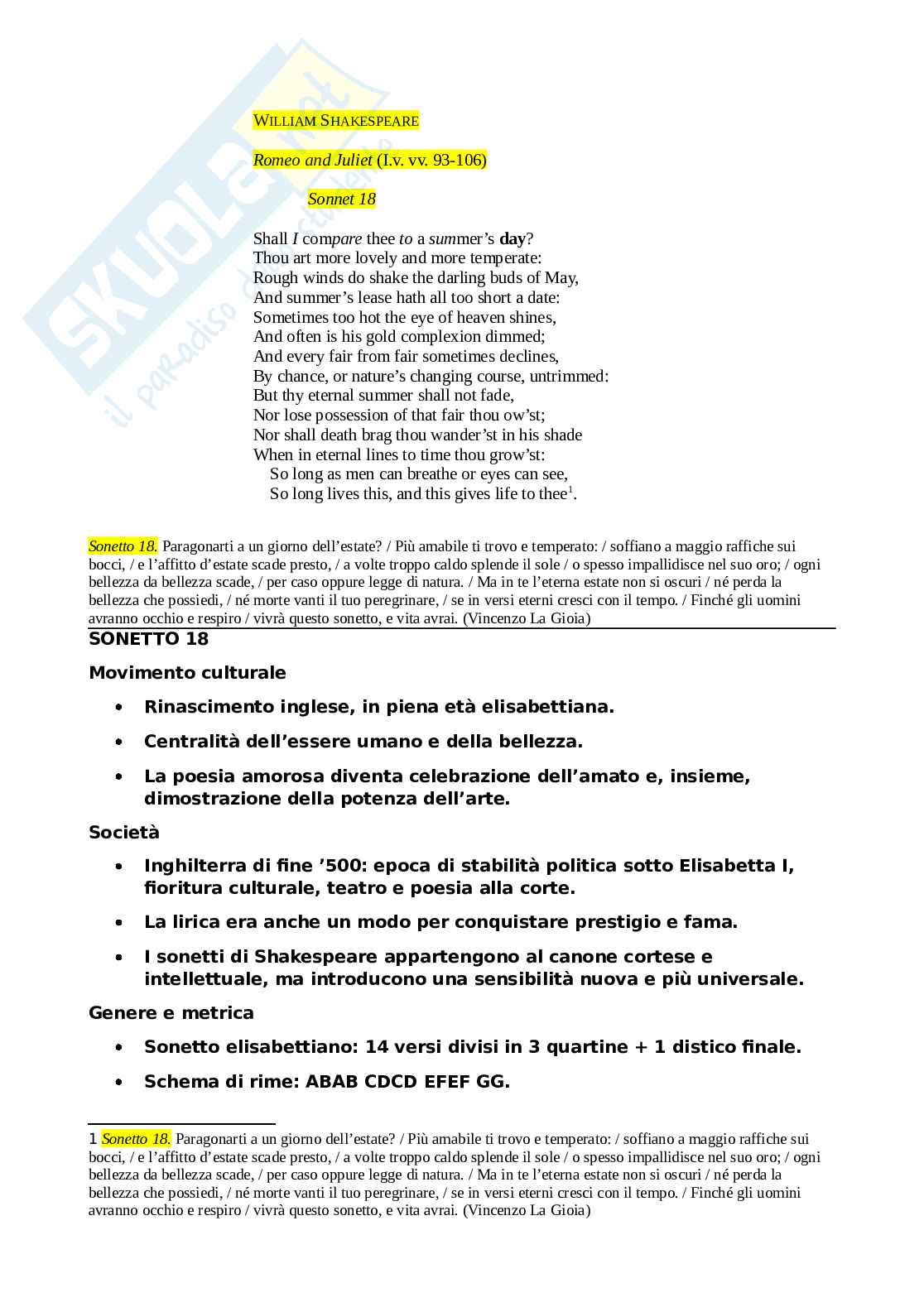 Riassunto esame Letteratura inglese I, Prof. Ambrosini Richard, libro consigliato Sonetto 18, Shakespeare   Pag. 1