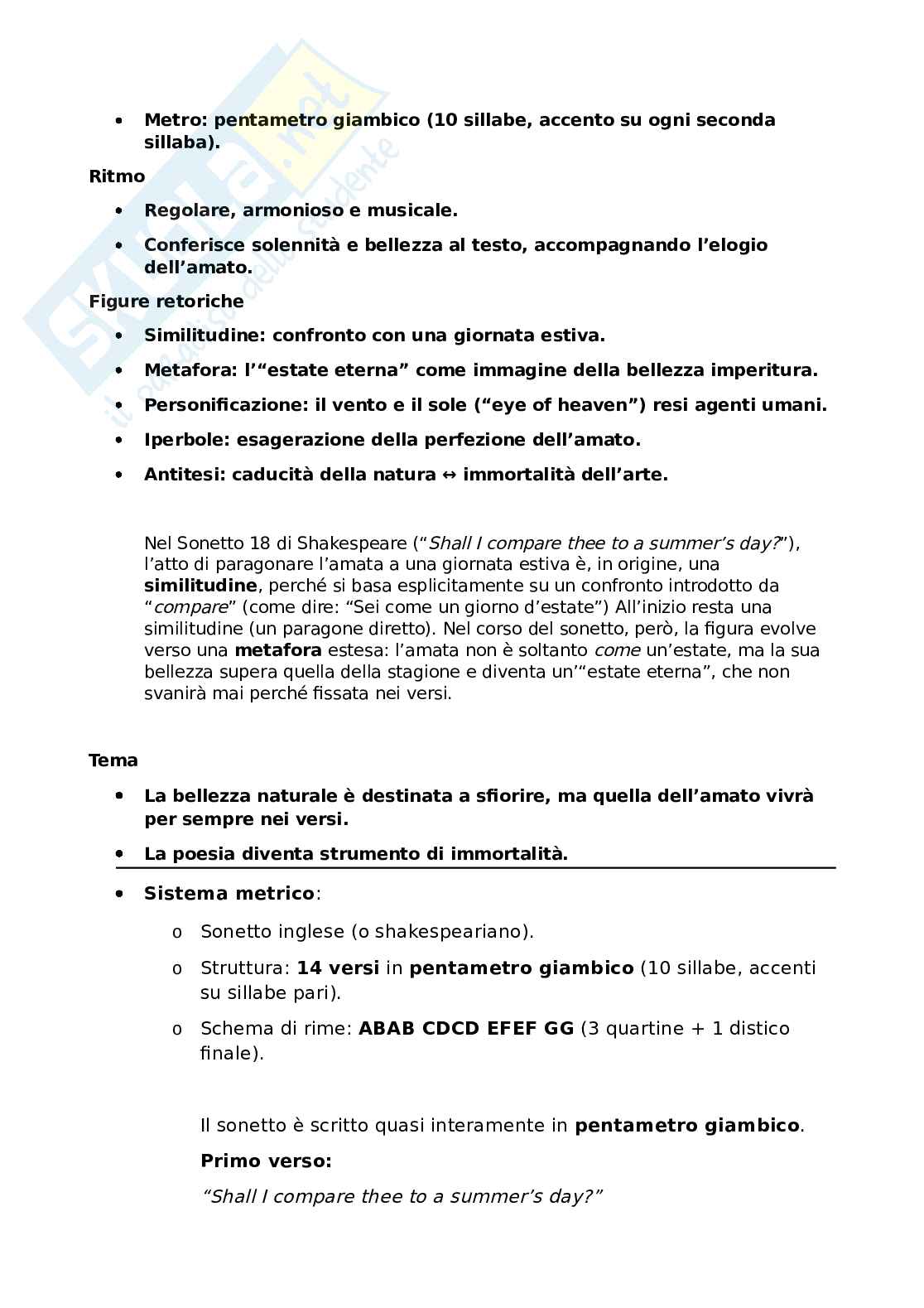 Riassunto esame Letteratura inglese I, Prof. Ambrosini Richard, libro consigliato Sonetto 18, Shakespeare   Pag. 2