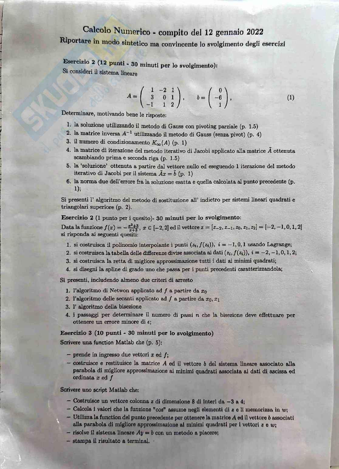 Esame Calcolo numerico 12 Gennaio 2022 Pag. 1