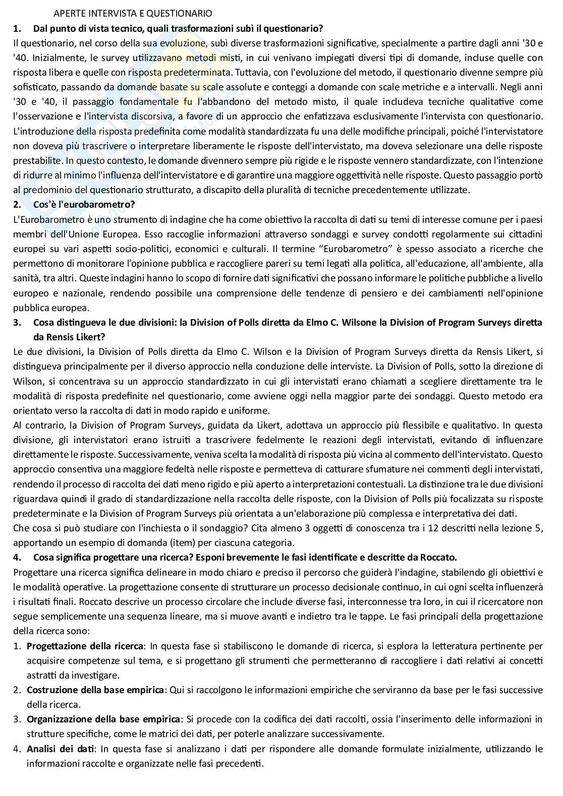 Teorie e tecniche dell'intervista e del questionario - Domande aperte Pag. 1