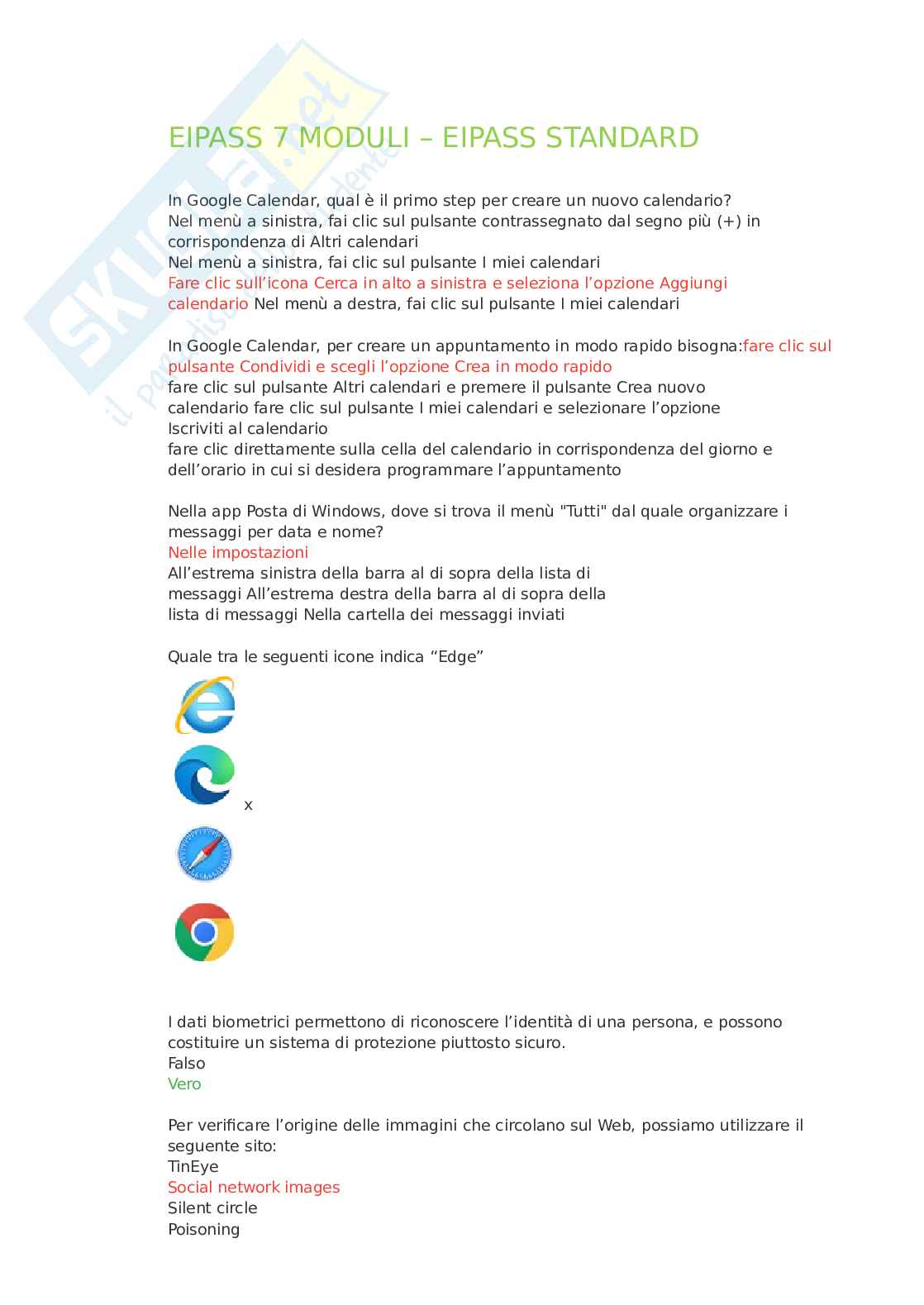 Domande e risposte Eipass 7 moduli - EIPASS Standard - Guida all'utilizzo di Google Calendar e Windows Mail. Aggiornato e completo. (Ultima versione) Pag. 1