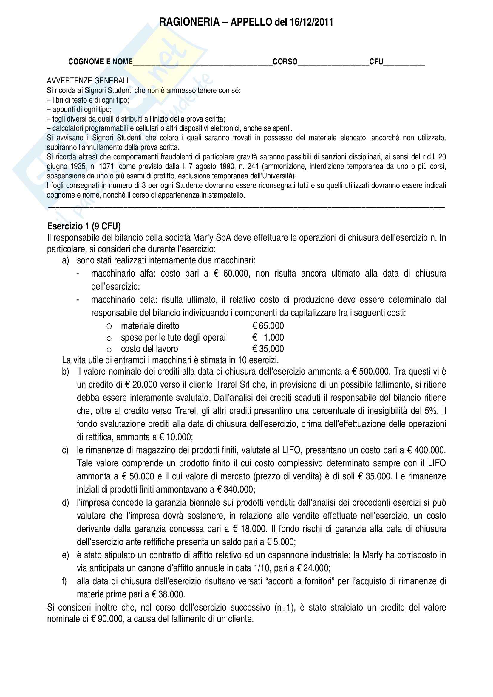 Esercitazione 16 dicembre, Ragioneria Pag. 1