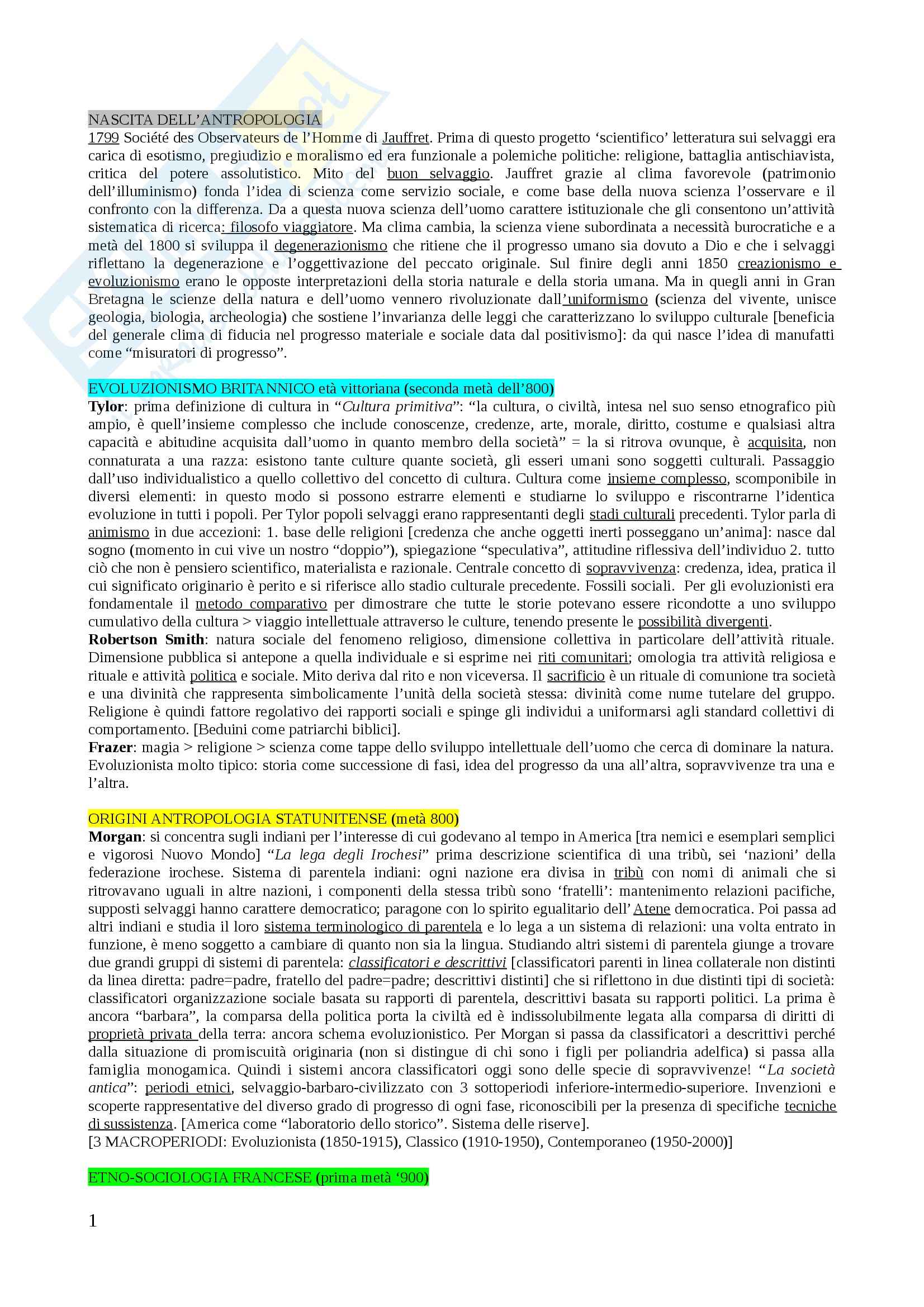 Riassunto esame Antropologia Culturale, prof. Ciabarri, libro consigliato Storia dell'Antropologia, Fabietti Pag. 1