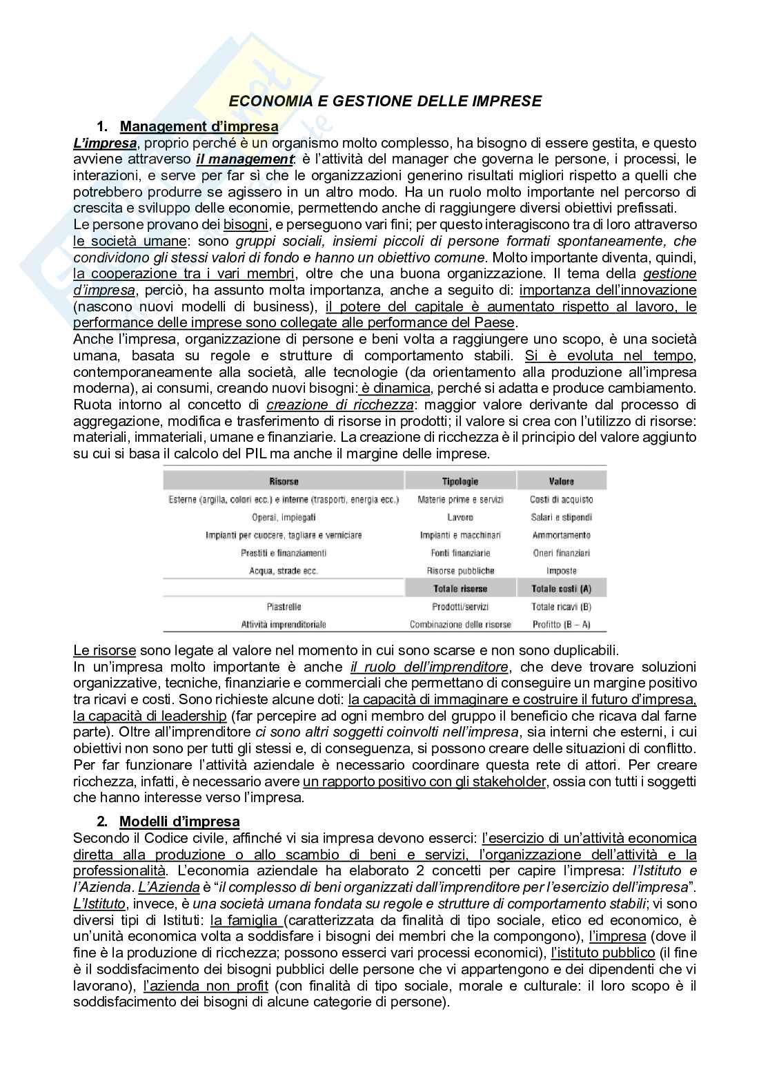 Riassunto esame Economia e gestione delle imprese, Prof. Pedeliento Giuseppe, libro consigliato Management, Perrini   Pag. 1