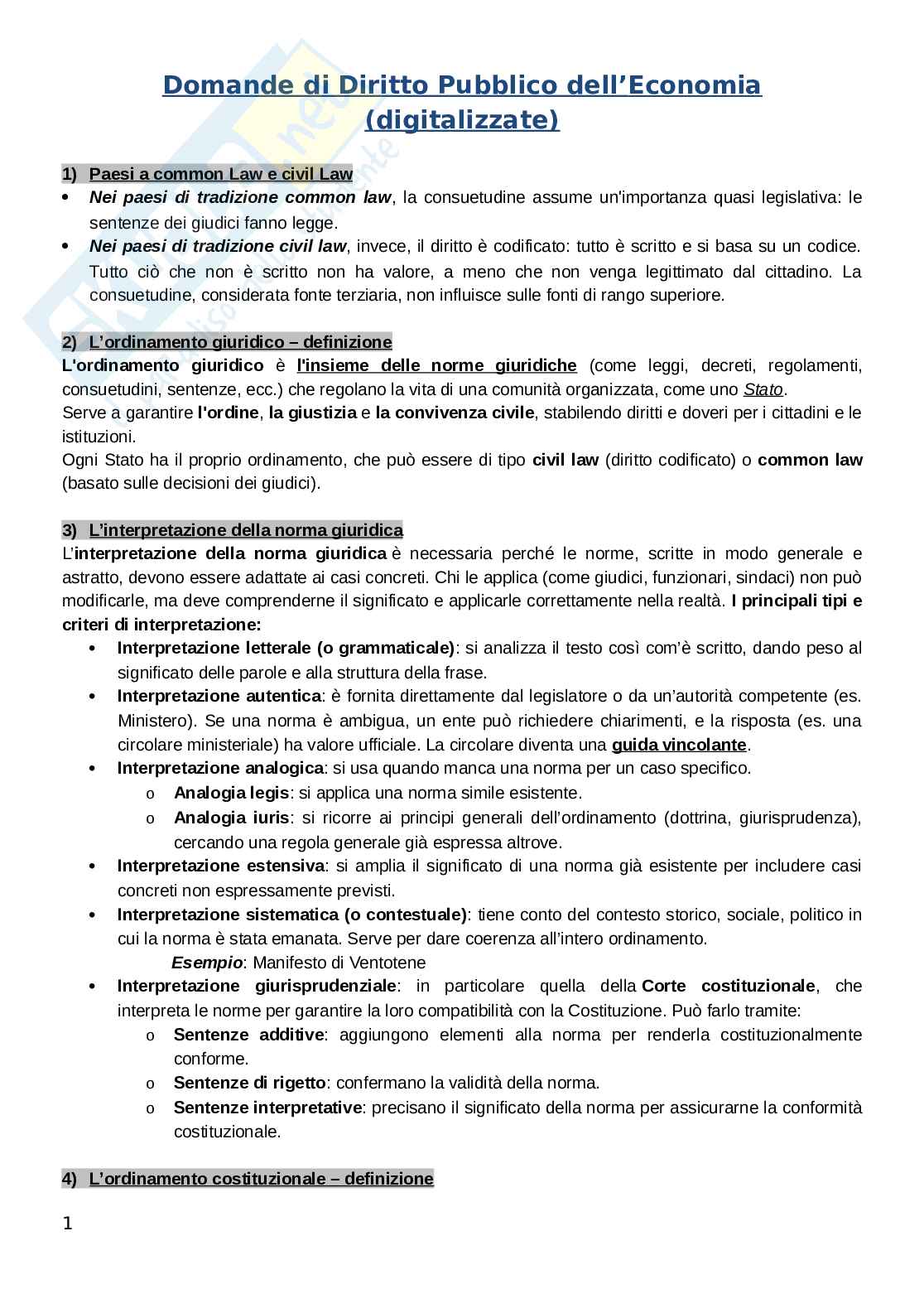 Diritto pubblico dell'economia - possibili domande esame con risposte  Pag. 1