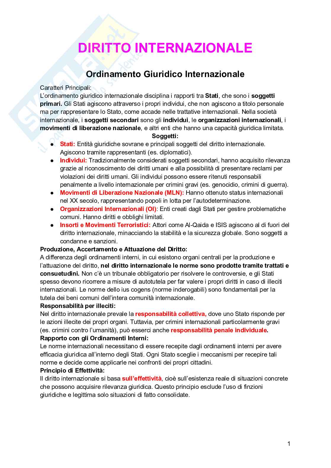 Riassunto esame Diritto internazionale, Prof. Carpanelli Elena, libro consigliato Manuale diritto internazionale , Cassese Pag. 1