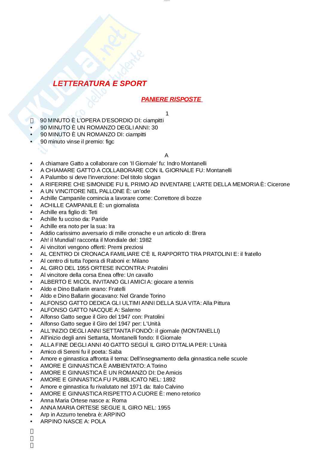 Paniere esame Letteratura e sport Pag. 1