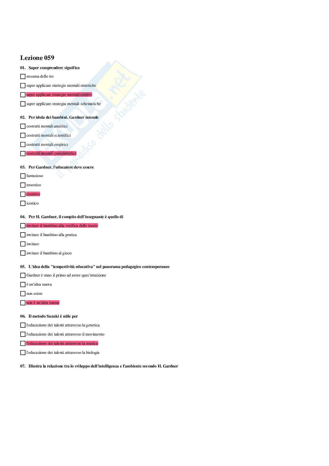 Paniere Fondamenti pedagogici per l'infanzia 0-3 anni - Risposte multiple - aggiornato (2026) Pag. 61