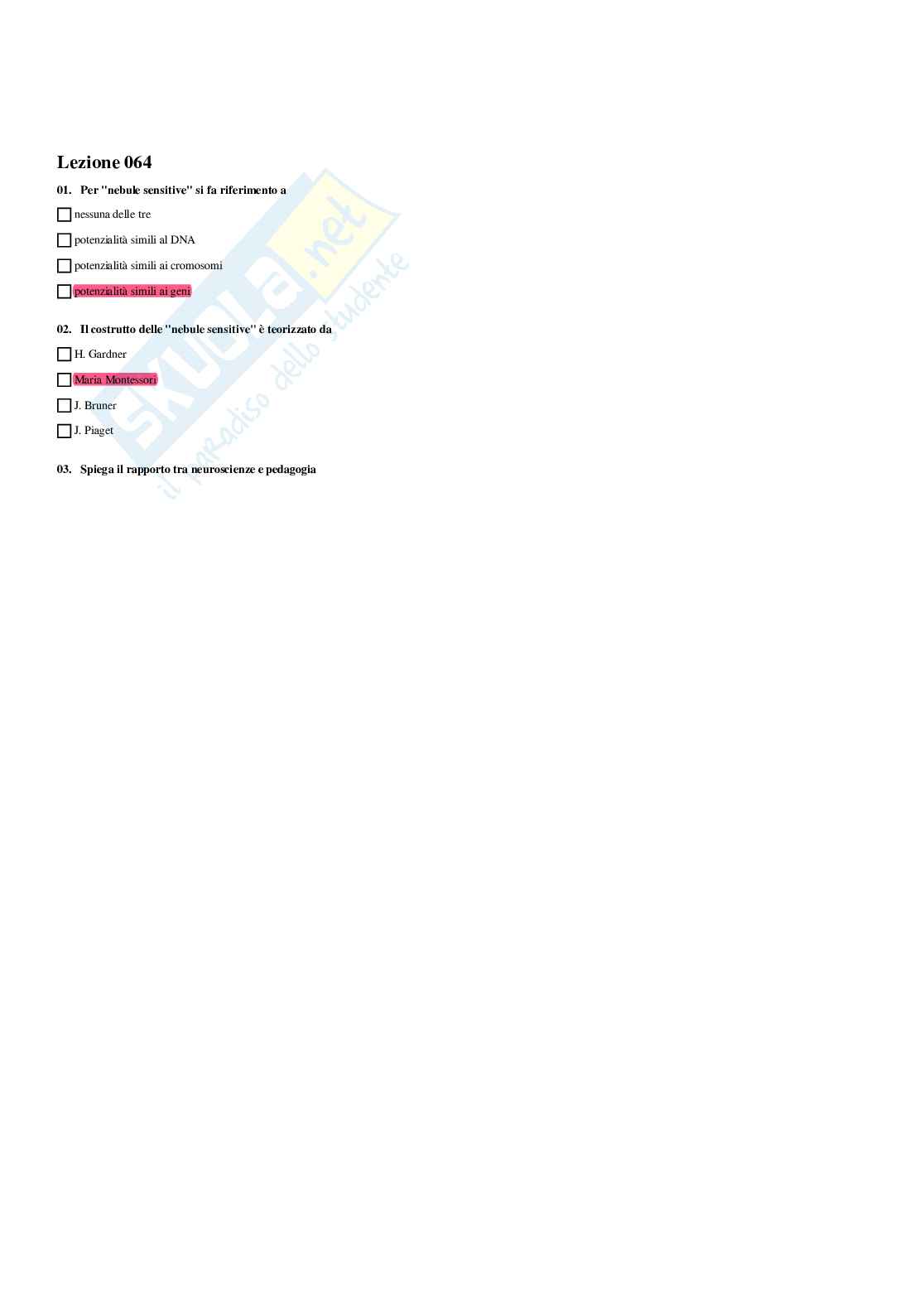 Paniere Fondamenti pedagogici per l'infanzia 0-3 anni - Risposte multiple - aggiornato (2026) Pag. 66