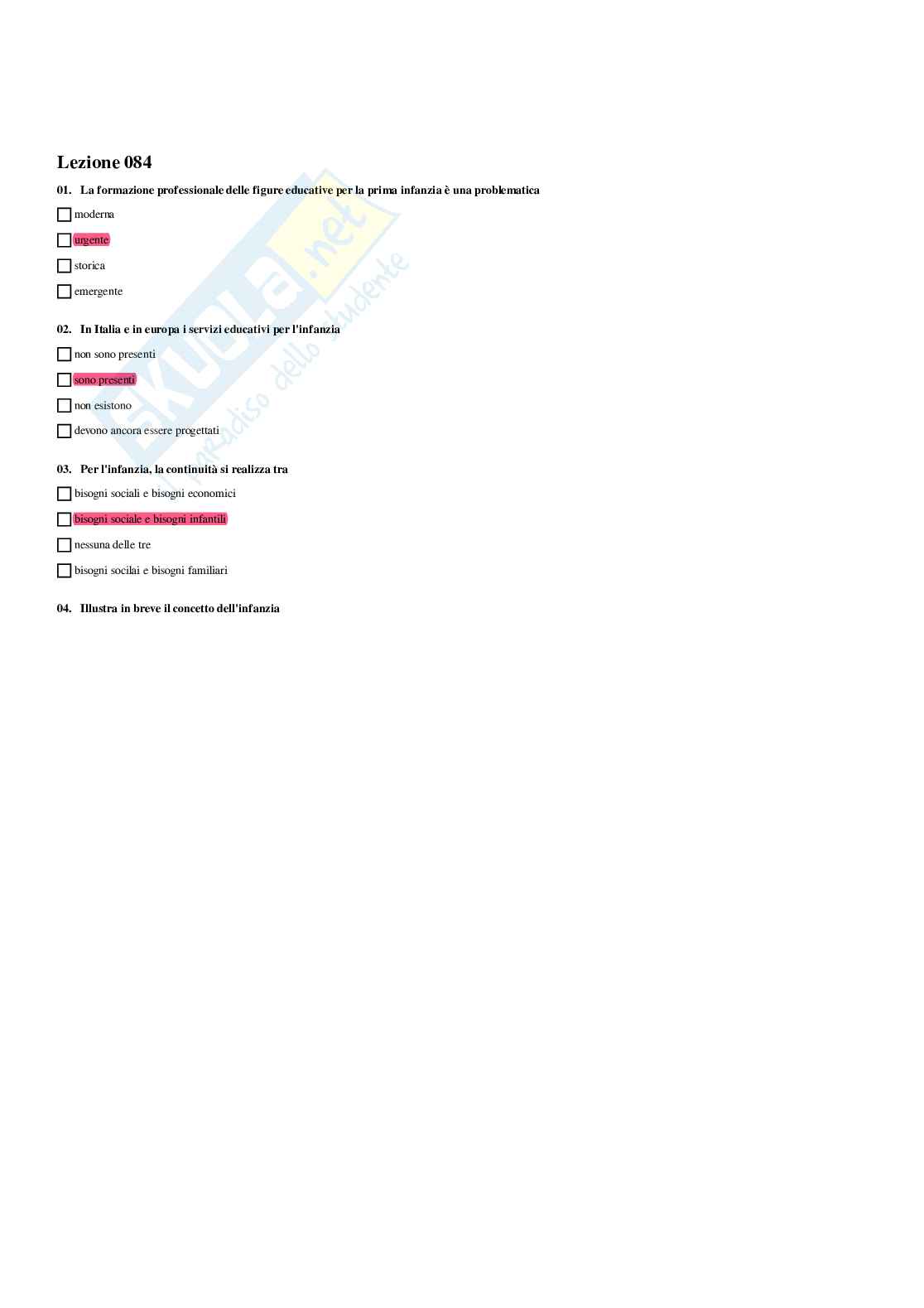 Paniere Fondamenti pedagogici per l'infanzia 0-3 anni - Risposte multiple - aggiornato (2026) Pag. 86