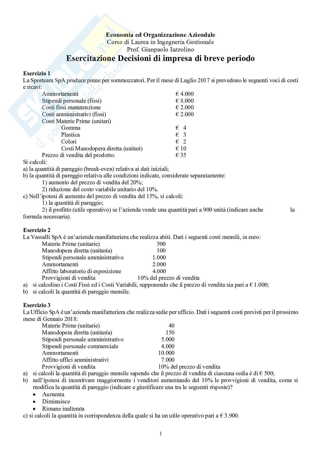 Esercitazioni di Economia e organizzazione aziendale  Pag. 1