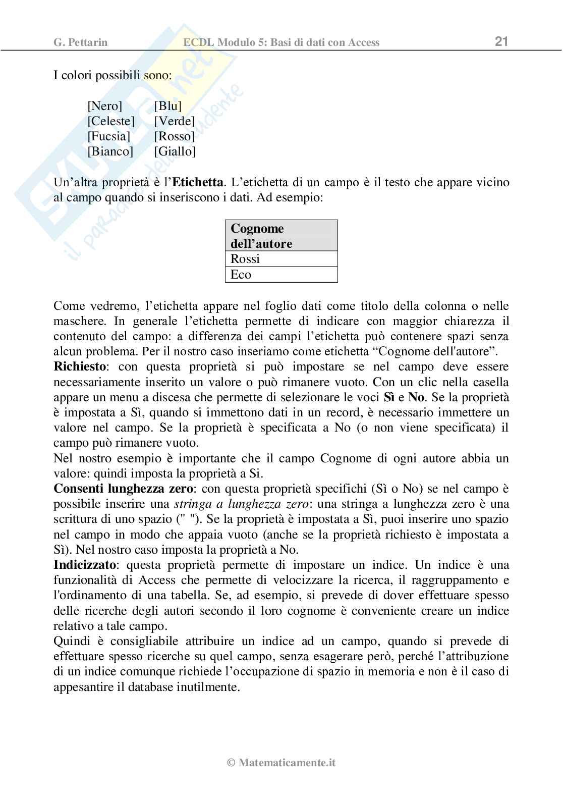 ECDL modulo 5: Basi di dati - Access (ebook) Pag. 21