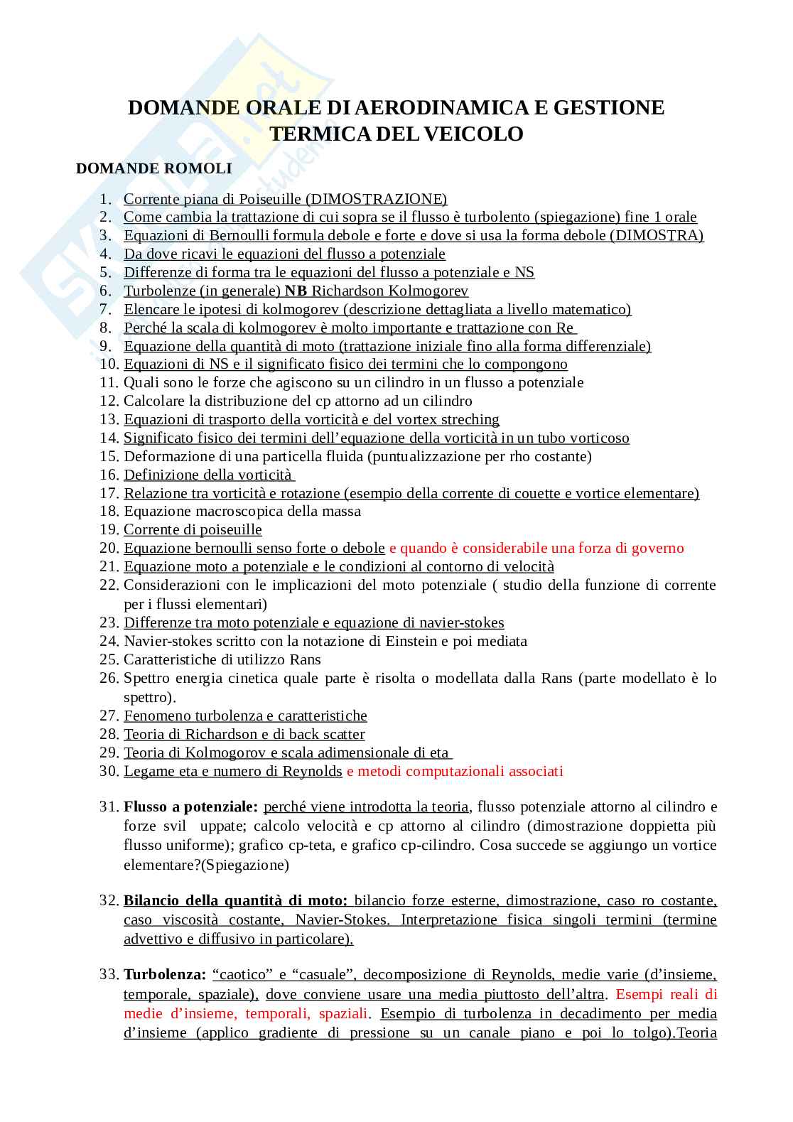 Domande orale Aerodinamica e gestione termica del veicolo Pag. 1