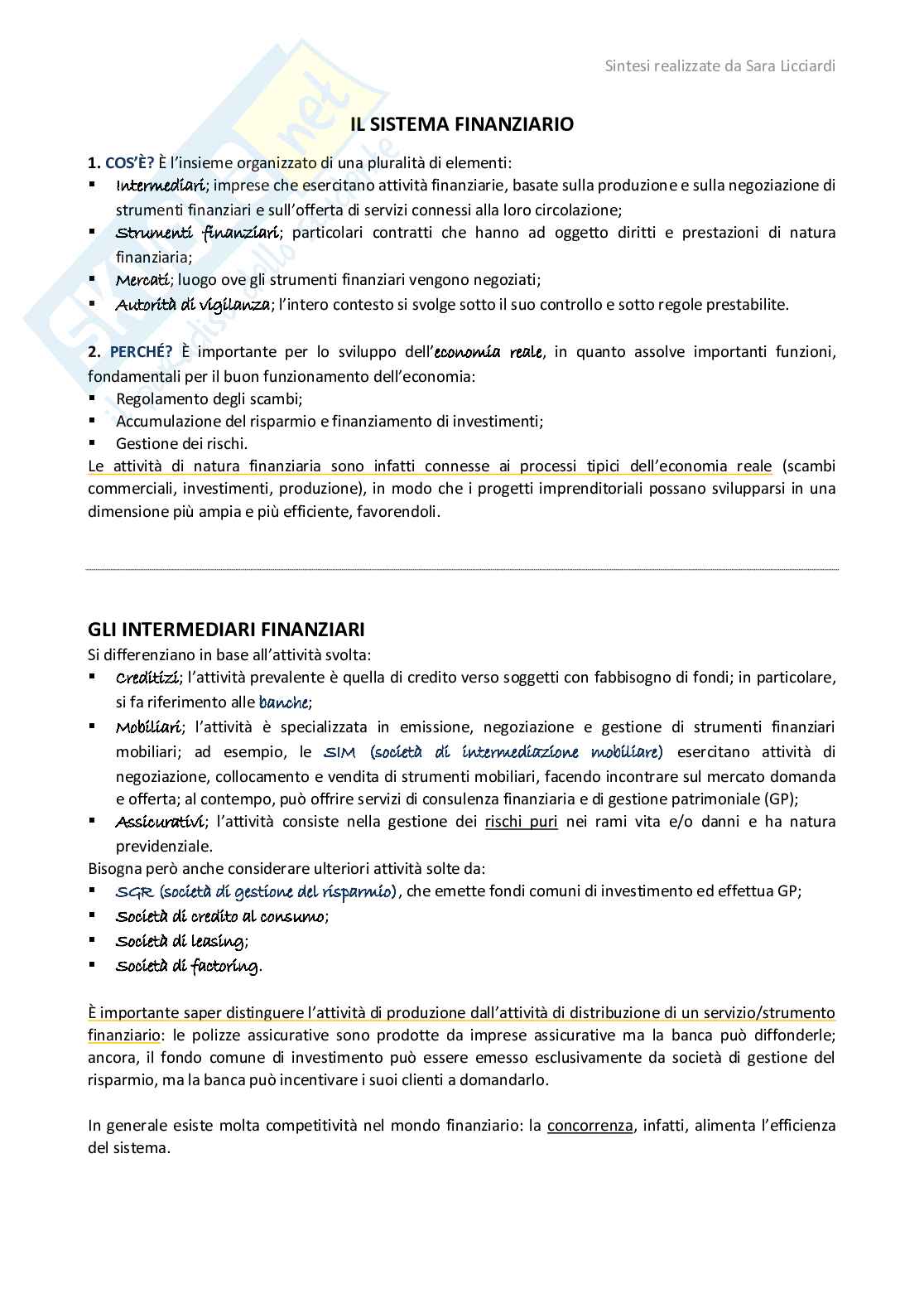 Appunti di lezione di Economia degli intermediari finanziari (libri consigliati: "Il sistema finanziario" di Forestieri G. e Mottura P.; "Gli strumenti e i servizi finanziari" di Forestieri G., Fabrizi P.L. e Mottura P.) Pag. 1