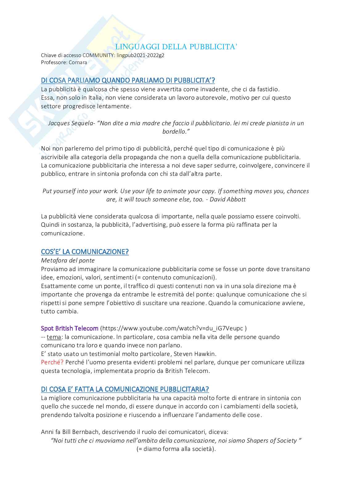 Appunti Linguaggi della pubblicità Pag. 1