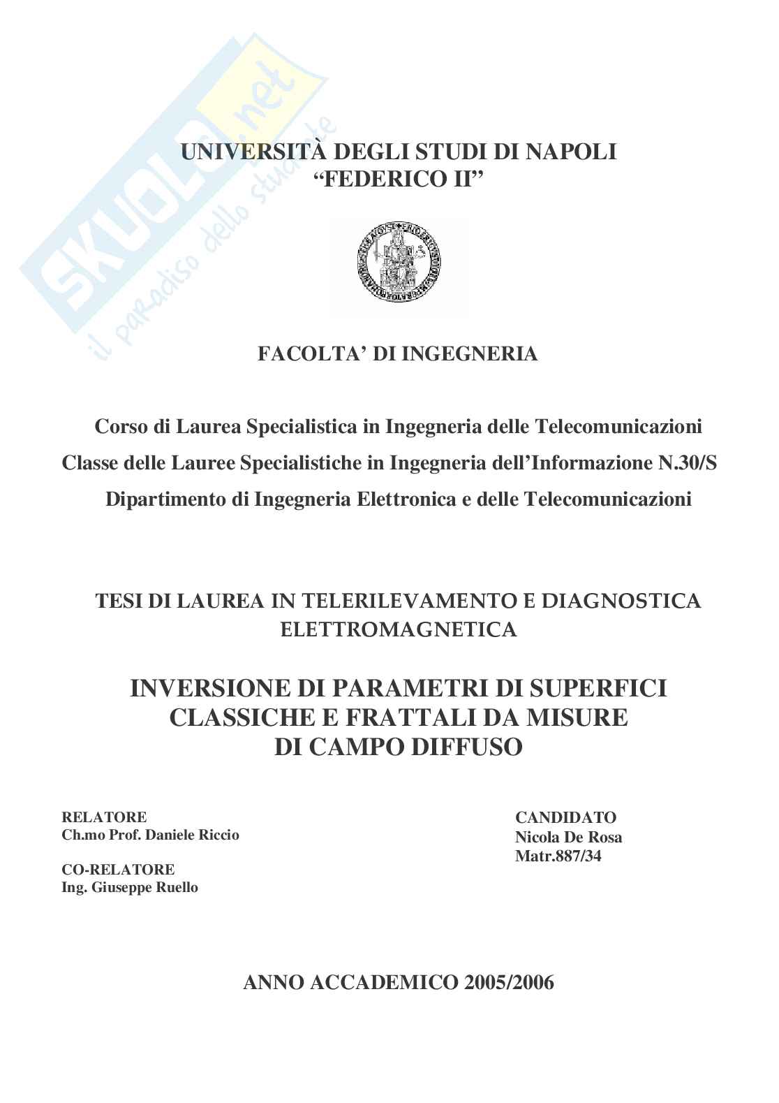 Inversione di parametri di superfici classiche e frattali da misure di campo diffuso Pag. 1