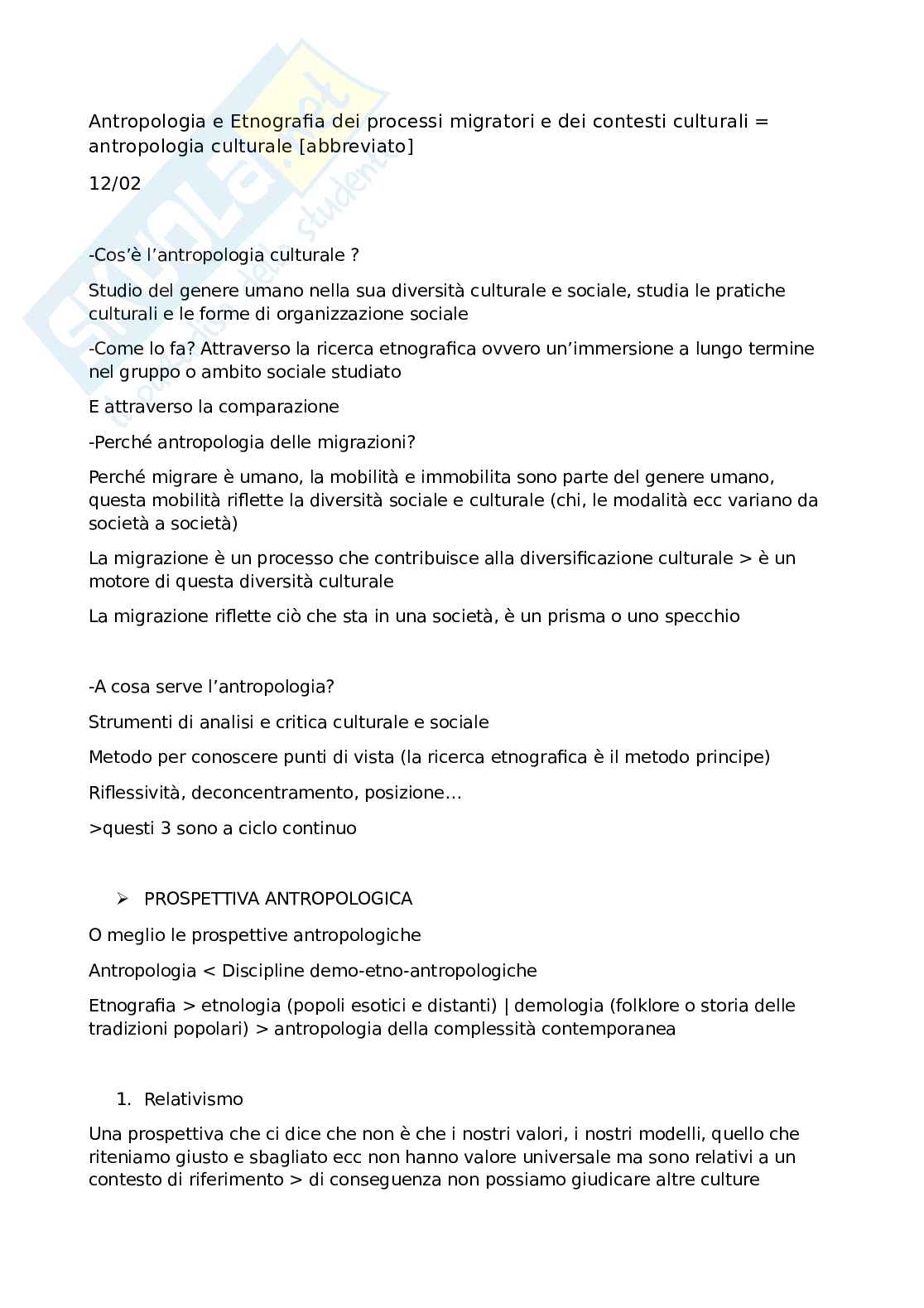 Appunti di Antropologia e etnografia dei processi migratori e dei contesti culturali, 2024/25 Pag. 1