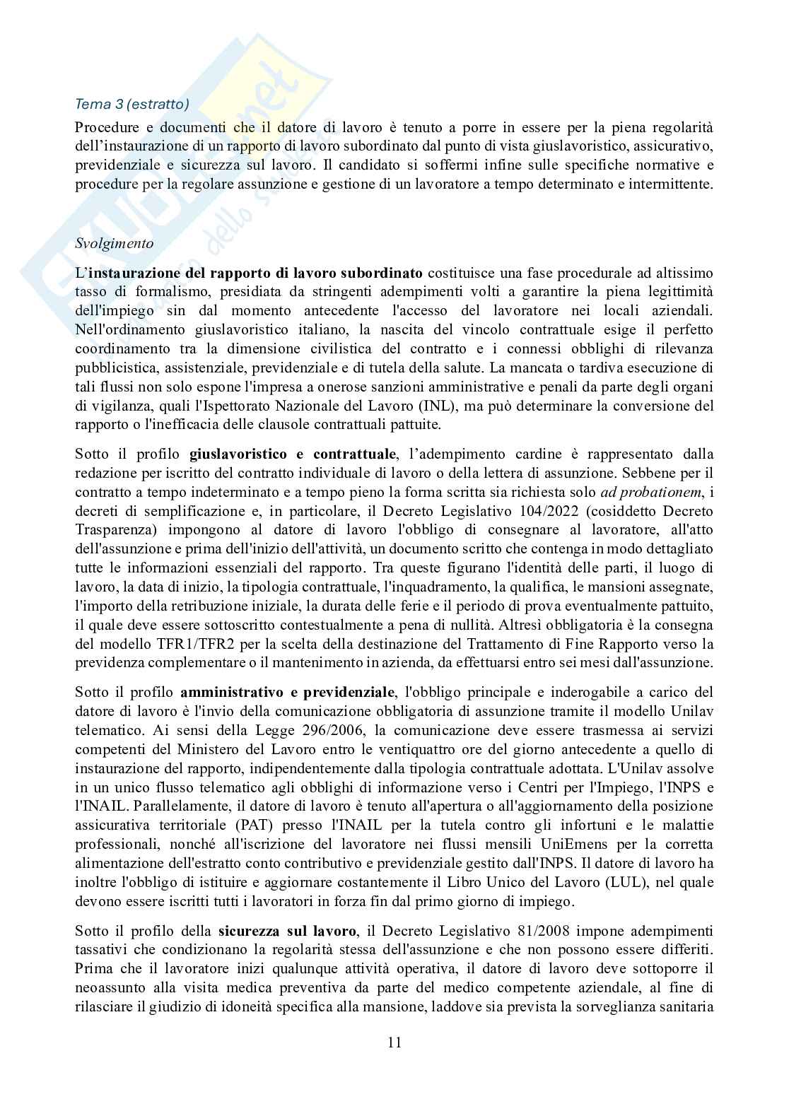 Svolgimento tracce prima prova scritta - Temi svolti diritto del lavoro e legislazione sociale per esame stato consulenti lavoro anni passati - sessione 2024 e 2025 Pag. 11