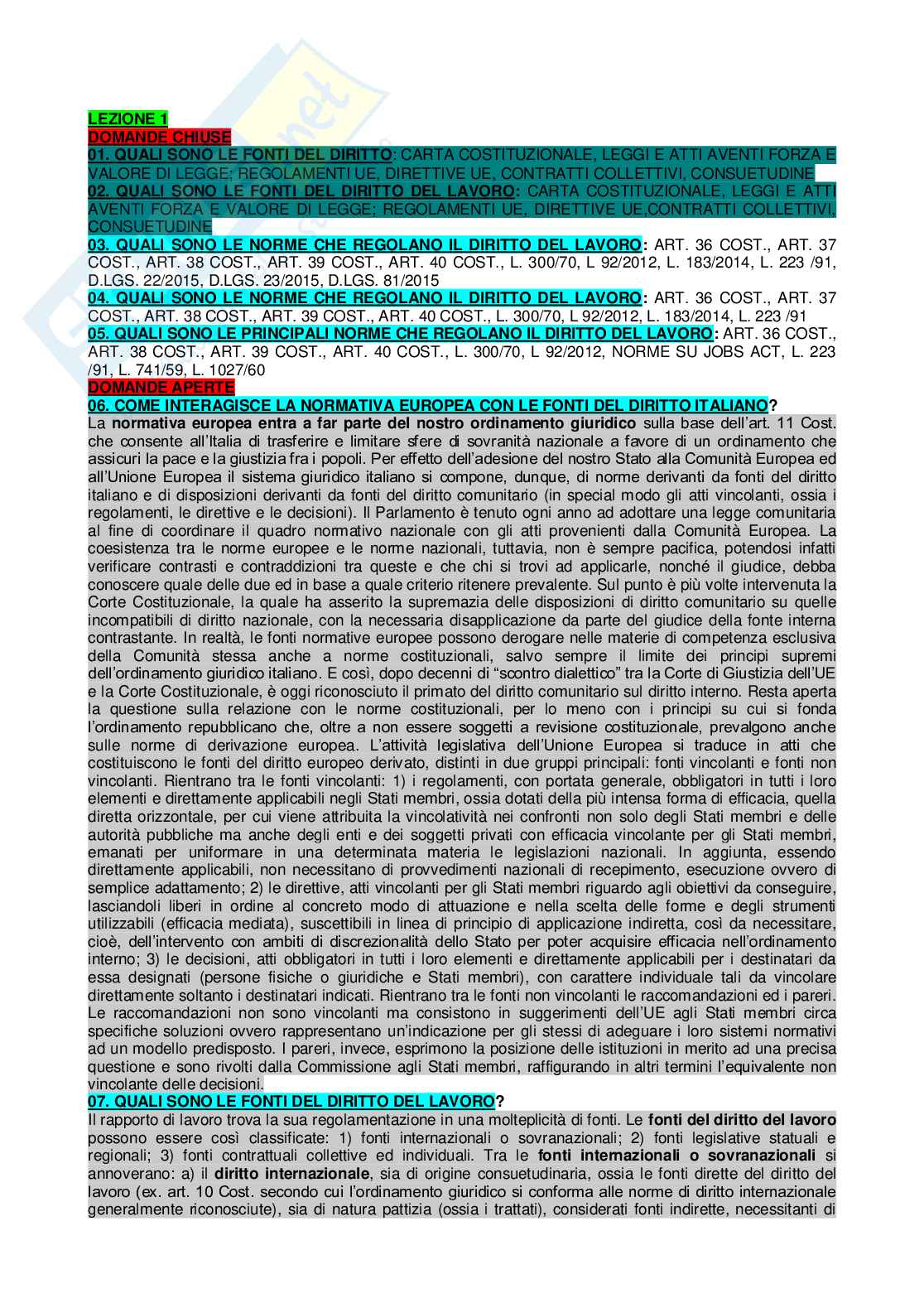Paniere di Diritto del lavoro completo - Domande aperte e chiuse Pag. 1