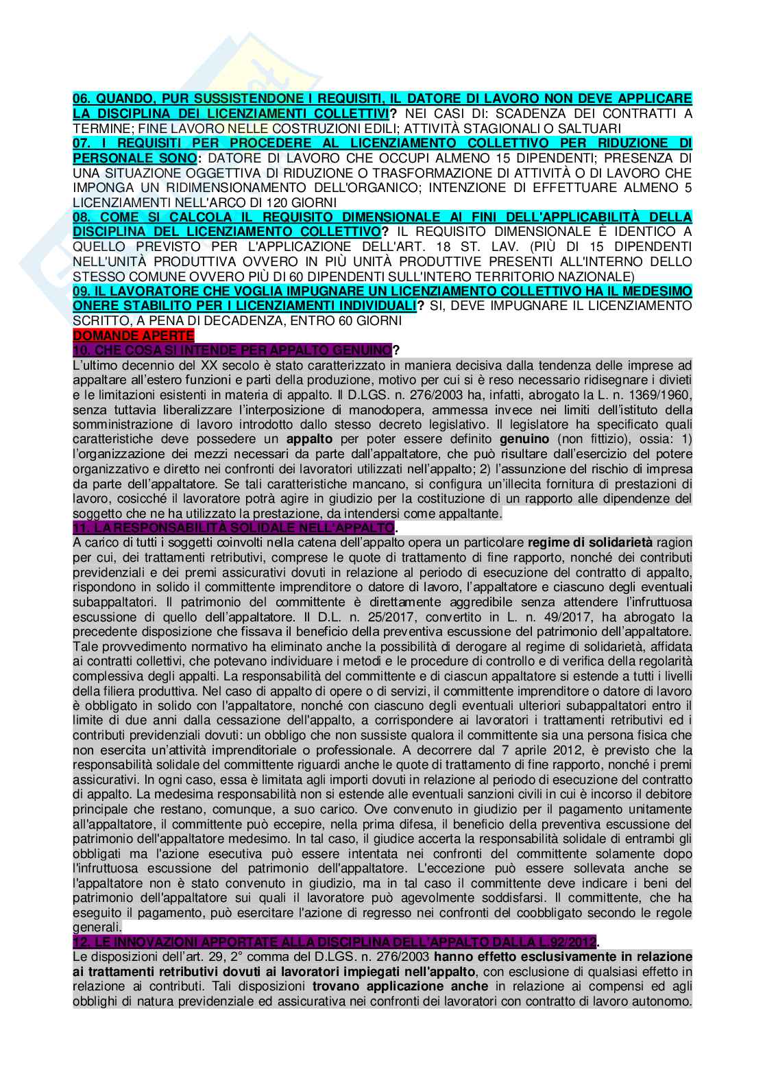 Paniere di Diritto del lavoro completo - Domande aperte e chiuse Pag. 51