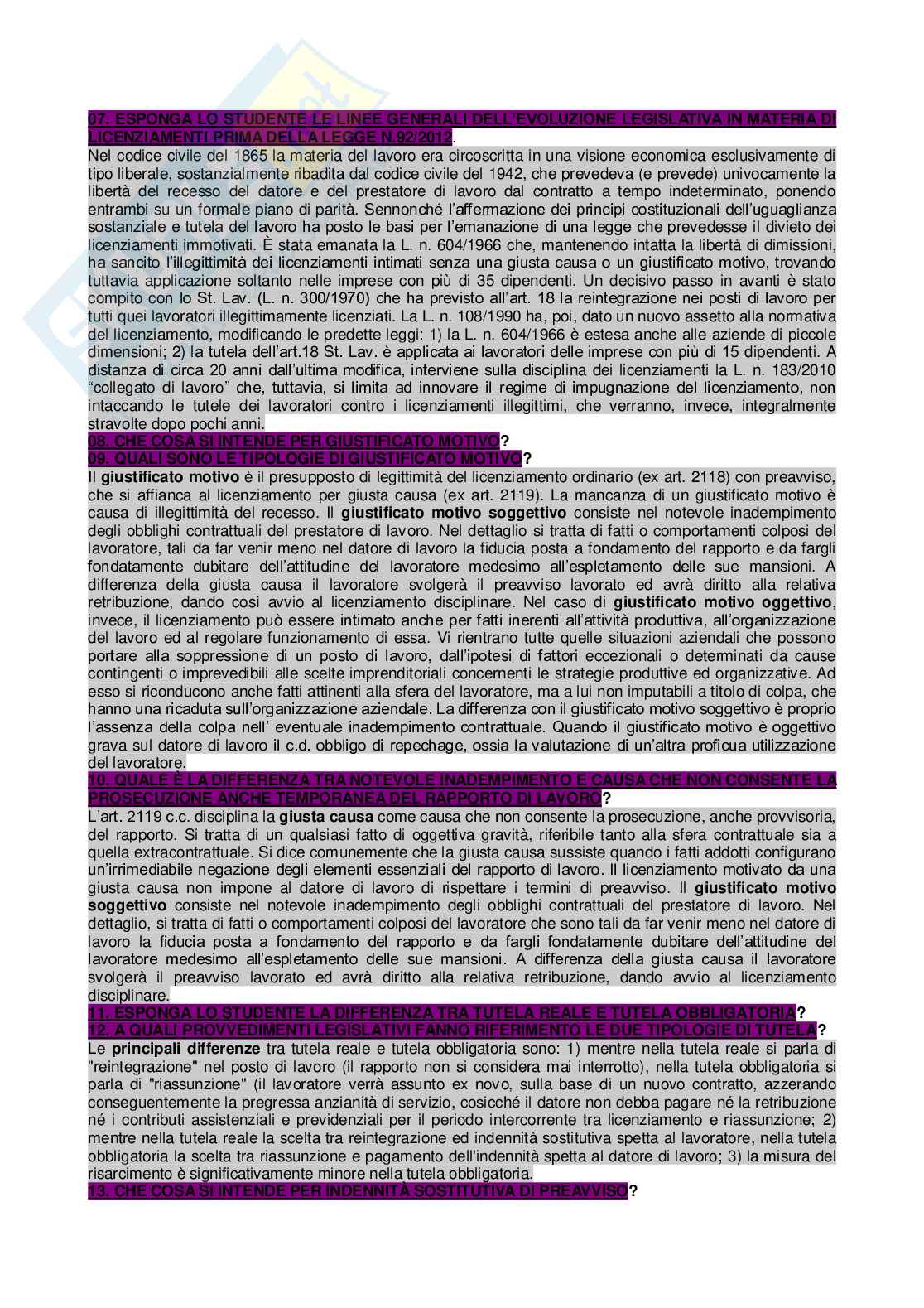 Paniere di Diritto del lavoro completo - Domande aperte e chiuse Pag. 56