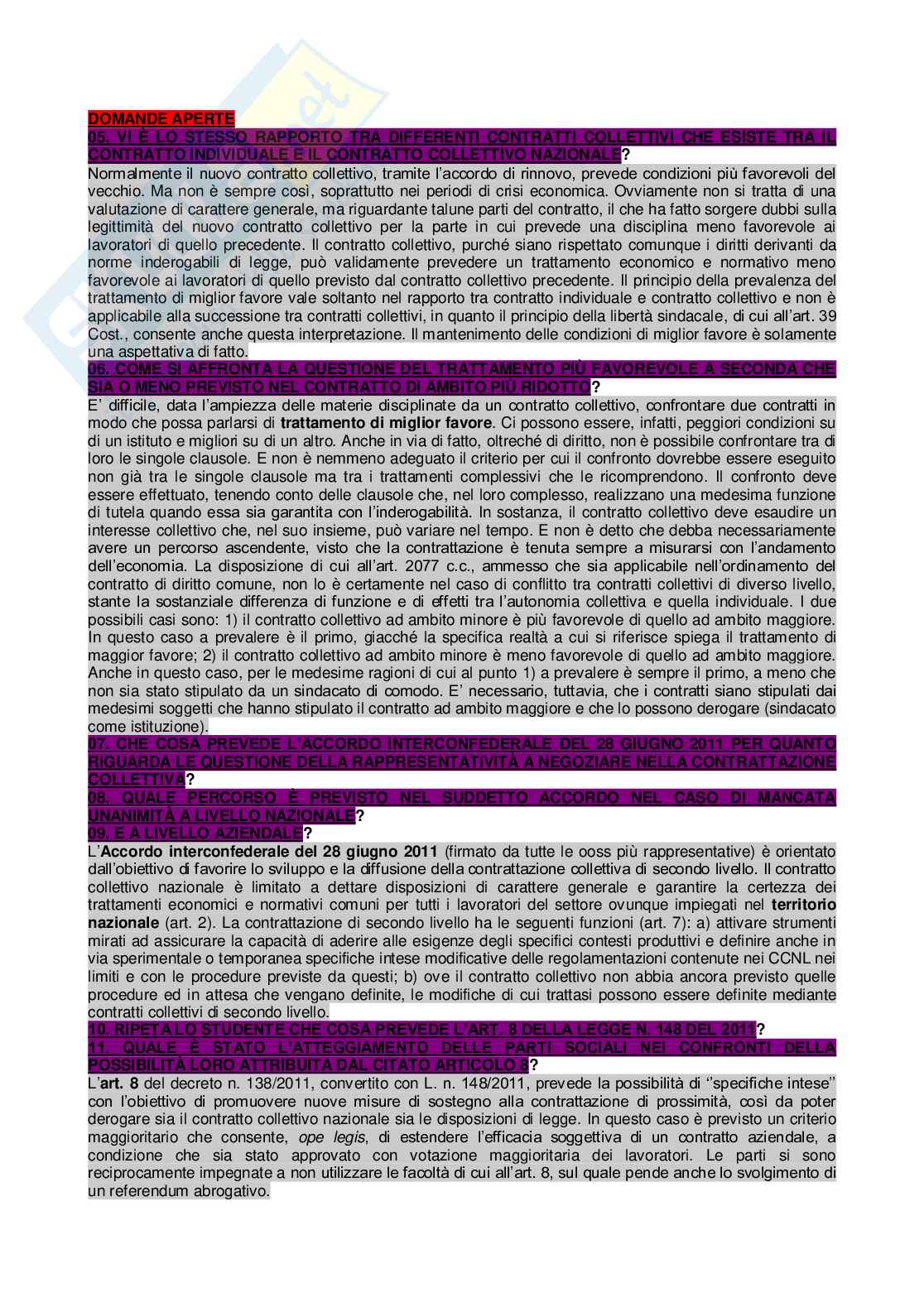 Paniere di Diritto del lavoro completo - Domande aperte e chiuse Pag. 86