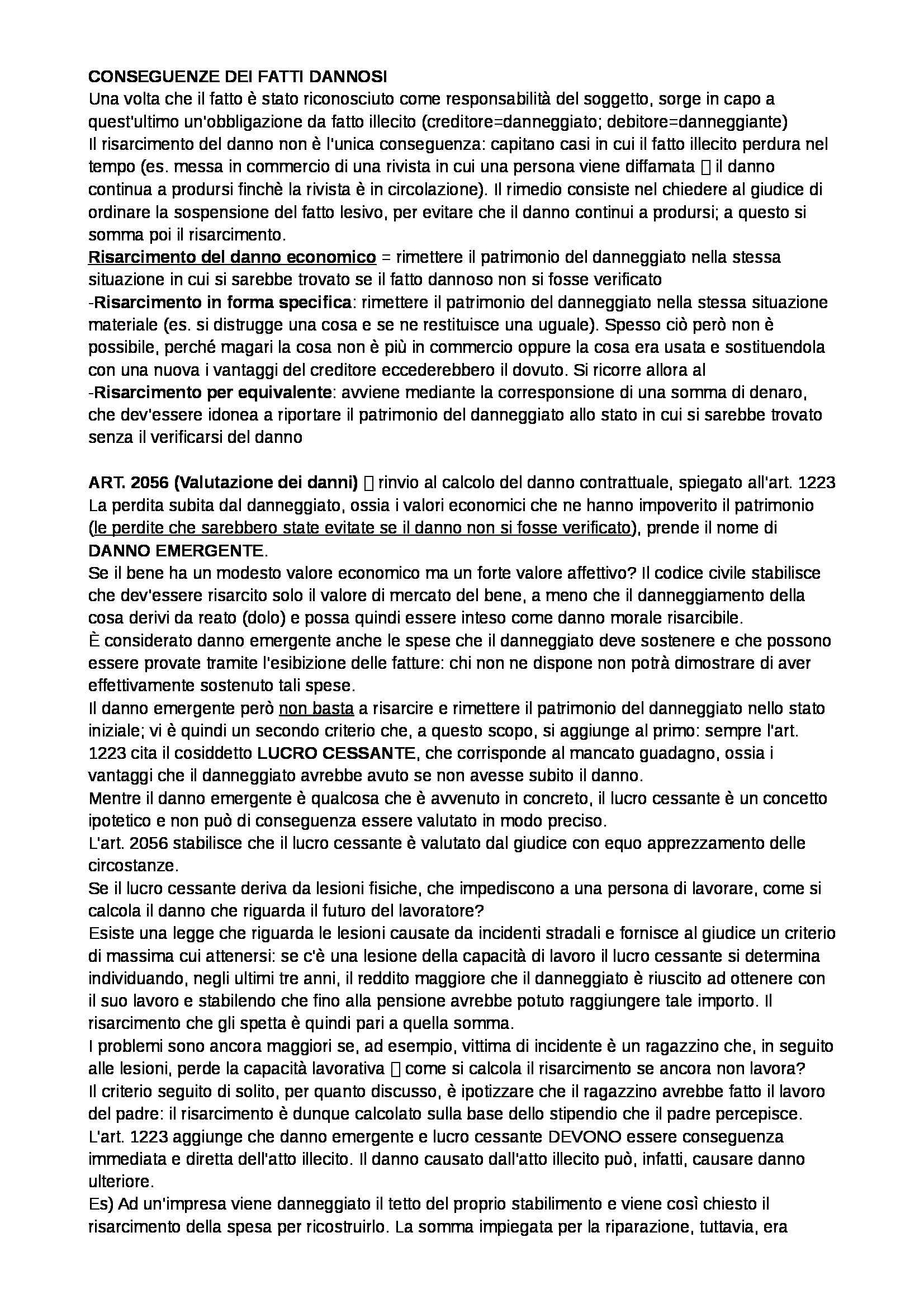 Istituzioni di diritto privato II - conseguenze dei fatti dannosi Pag. 1