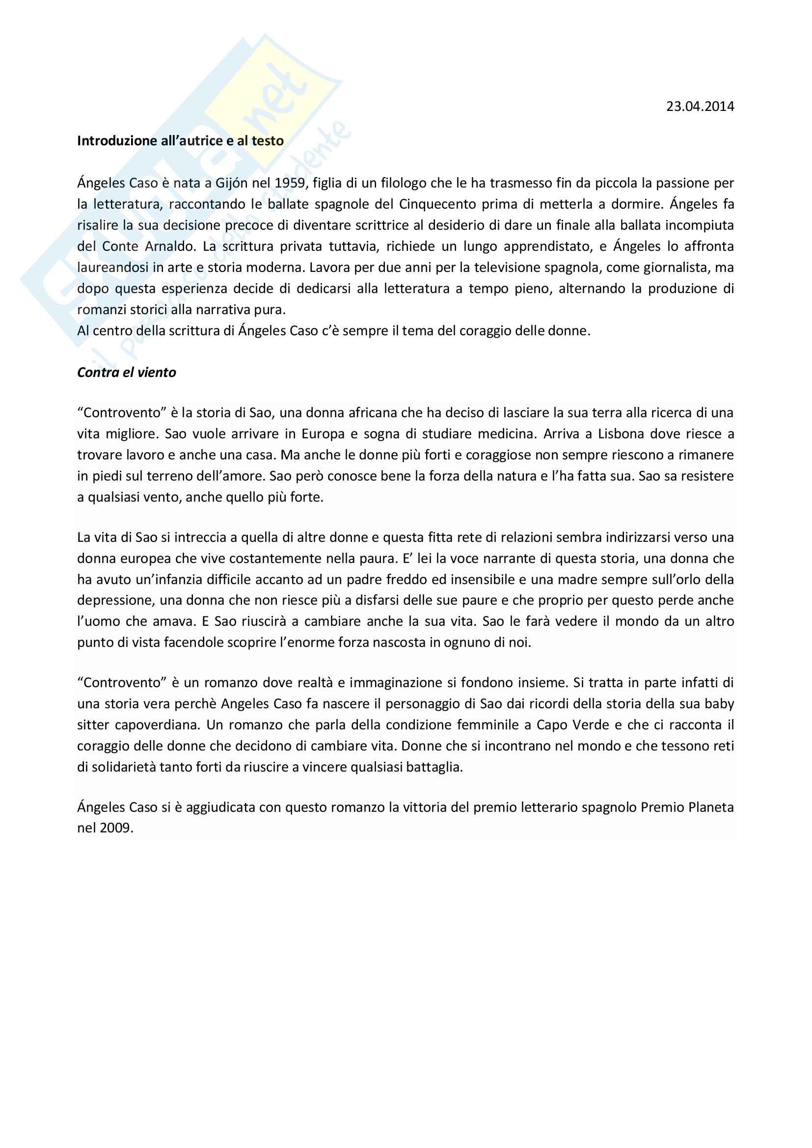 Riassunto esame Letteratura spagnola I, prof. Bognolo, libro consigliato Contra el vento, Caso Pag. 1