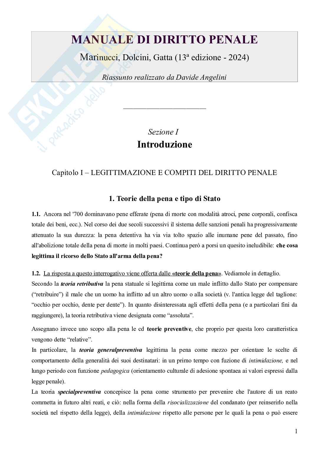 Riassunto esame Diritto penale, Prof. Gatta Gian Luigi, libro consigliato Manuale di diritto penale (13^ edizione, 2024), Marinucci, Dolcini, Gatta Pag. 1