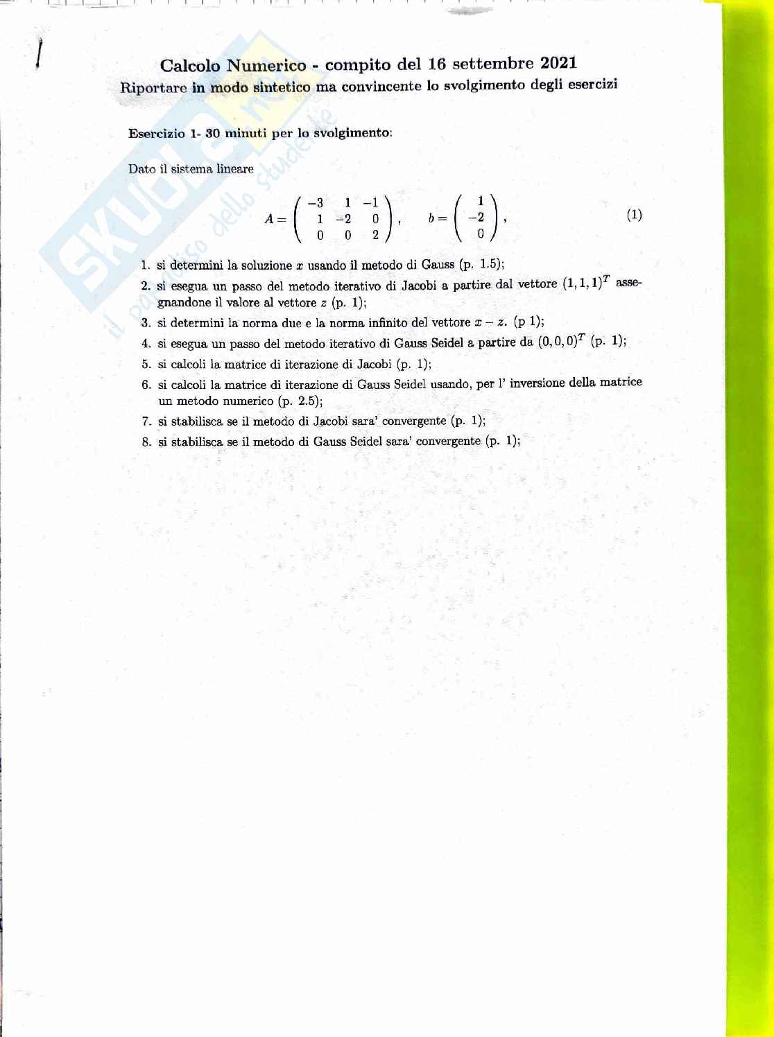 Esame Calcolo numerico 16 Settembre 2021 Pag. 1