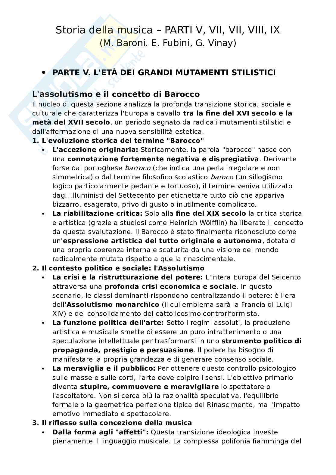 Riassunto esame Storia della musica, Prof. Pappalardo Matteo, libro consigliato Storia della musica - Parti V, VI, VII, VIII, IX, Baroni, Fubini, Vinay Pag. 1