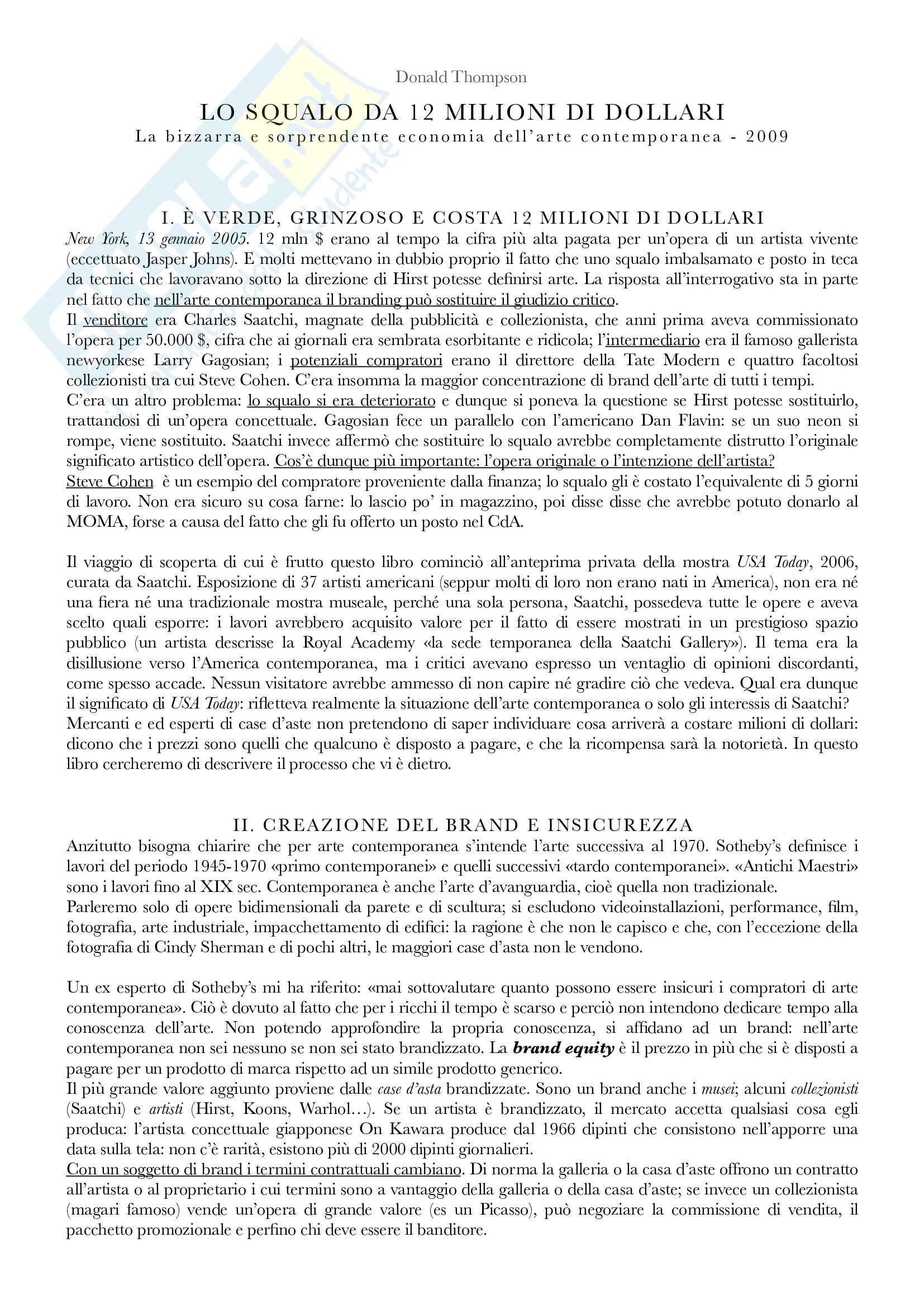 Riassunto esame Avanguardie storiche e neoavanguardie, prof. Evangelisti, libro consigliato Lo squalo da 12 milioni di dollari, Thompson Pag. 1