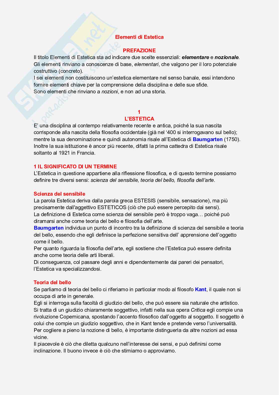 Riassunto esame Estetica, Prof. Pulejo Raffaella, libro consigliato Elementi di estetica, Sauvanet  Pag. 1