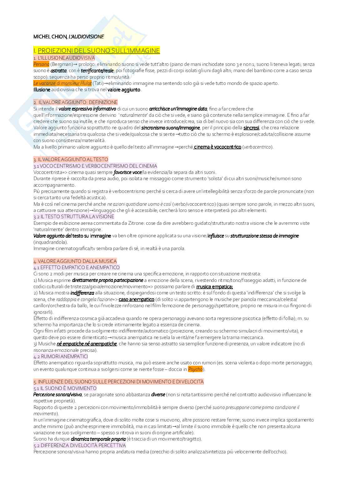 Appunti e mappe per esame Musica per cinema e musical su Michel Chion Pag. 1