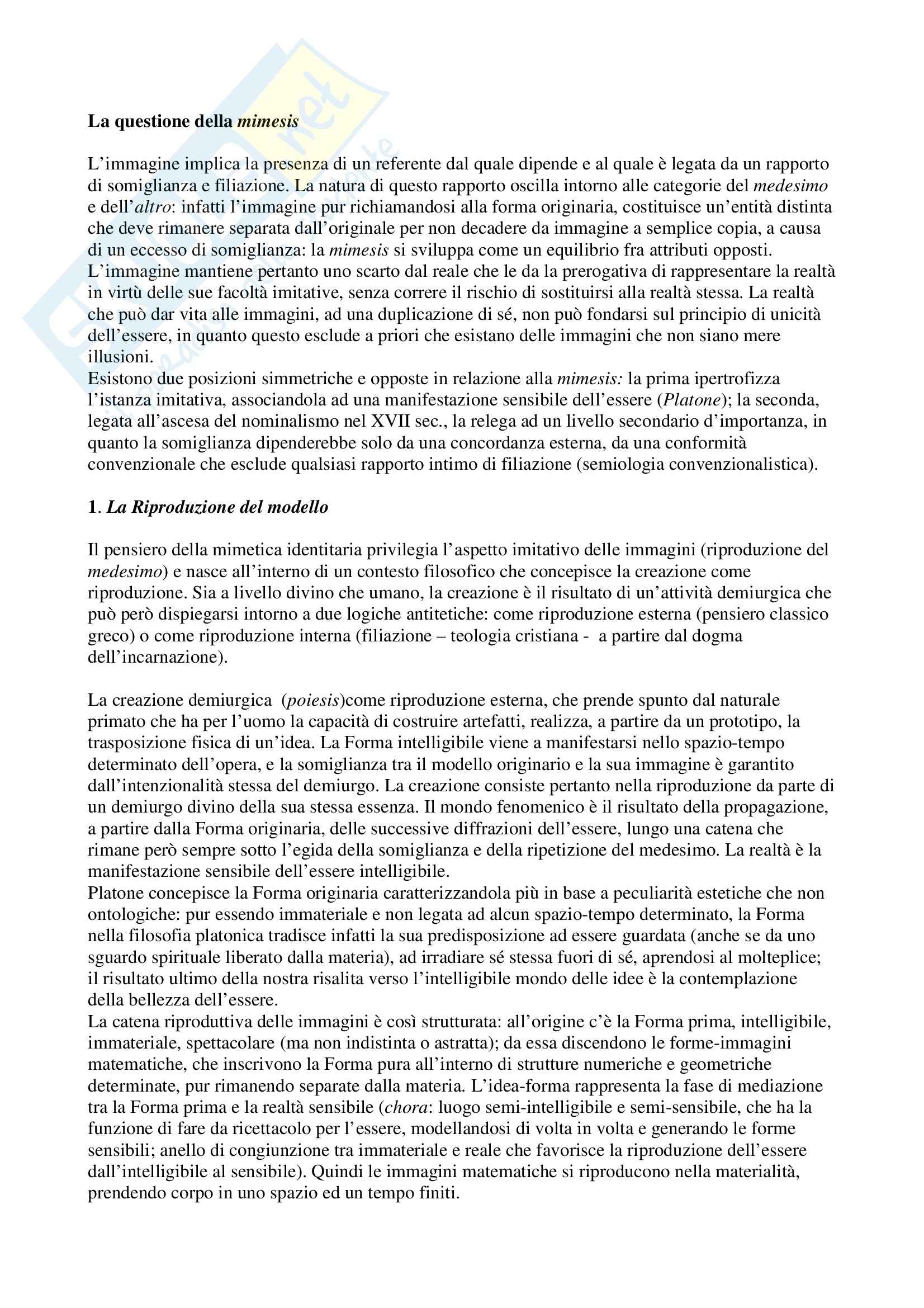 Riassunto esame Teoria della Rappresentazione e dell'Immagine, prof. Franzini, libro consigliato Filosofia delle Immagini, Wunenburger Pag. 1