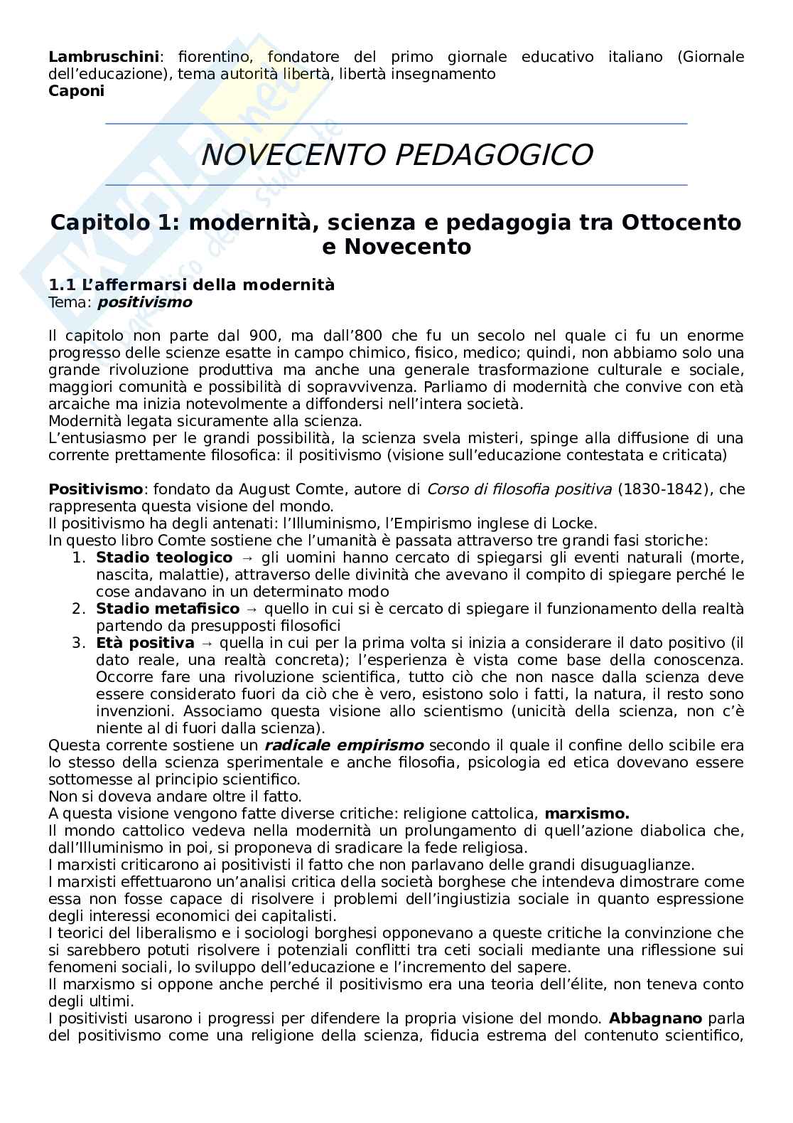 Riassunto esame Storia della pedagogia e delle Istituzioni educative, Prof. Marrone Andrea, libro consigliato Novecento pedagogico e nuovo millennio, Chiosso Pag. 2