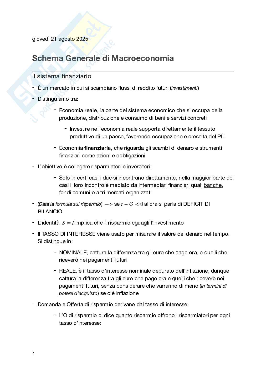 Schema di Macroeconomia per istituzioni di Economia politica Pag. 1