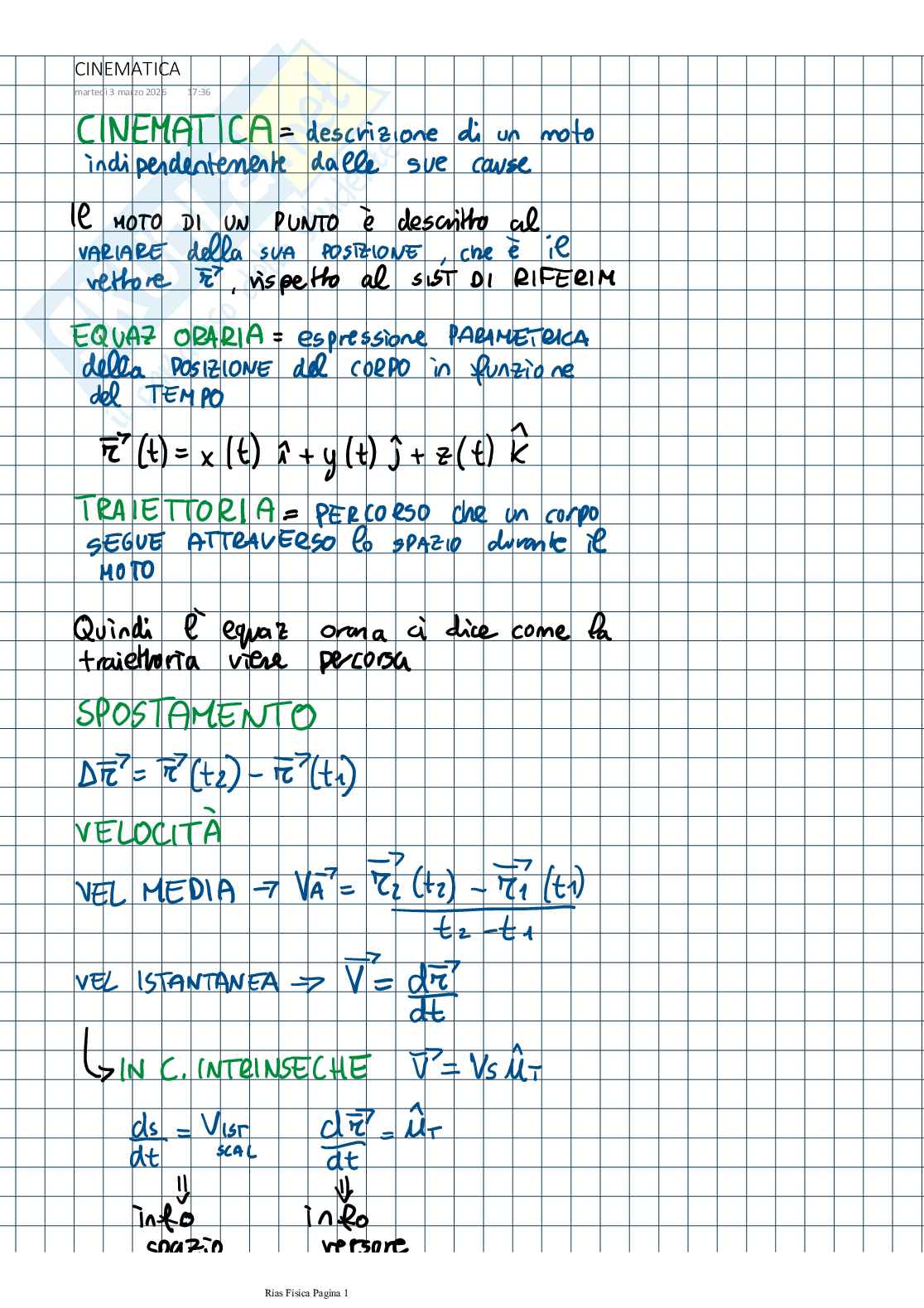 Appunti di Fisica I sulla parte di cinematica Pag. 1