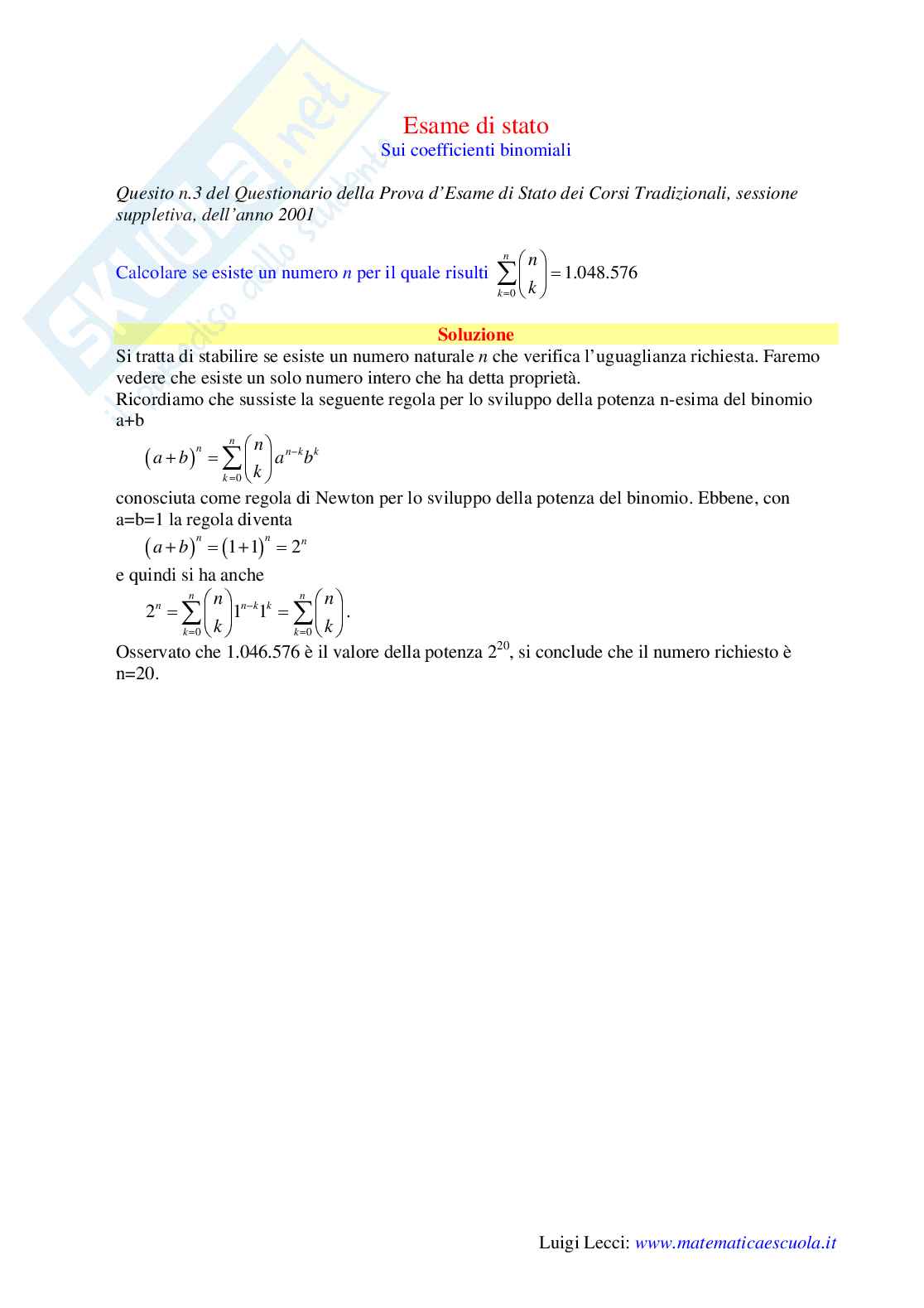 2001 - Liceo scientifico di ordinamento - questionario sessione suppletiva Pag. 1