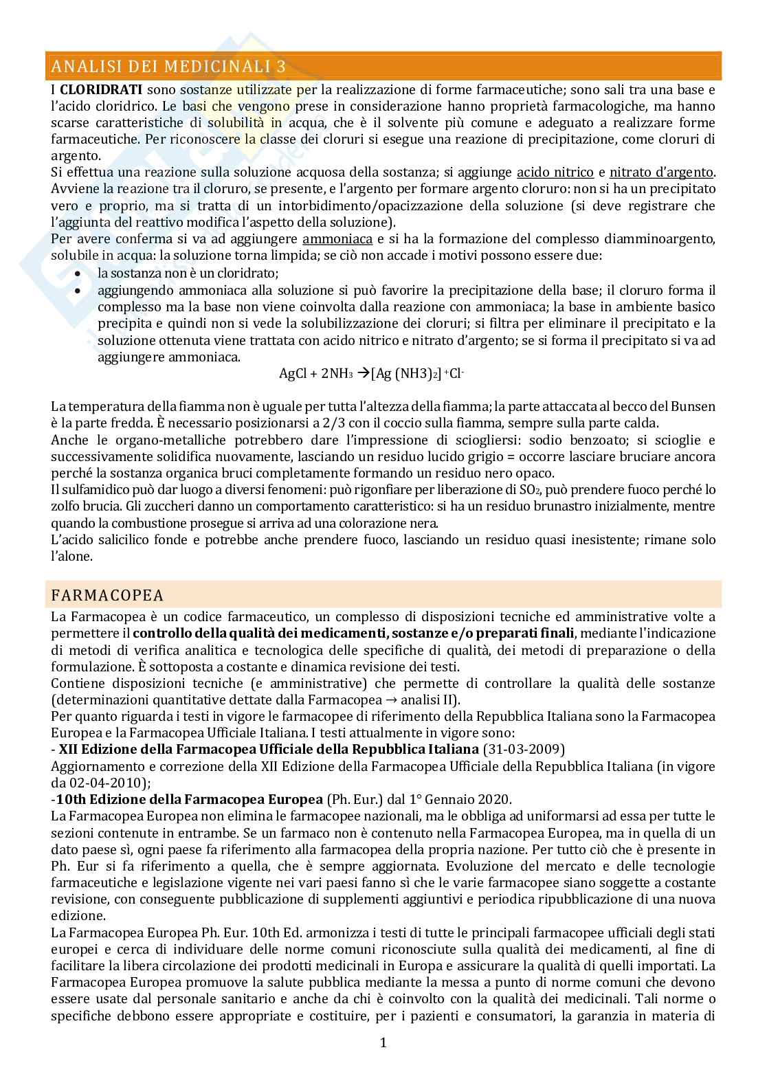 Analisi dei medicinali 3 - Appunti completi Pag. 1