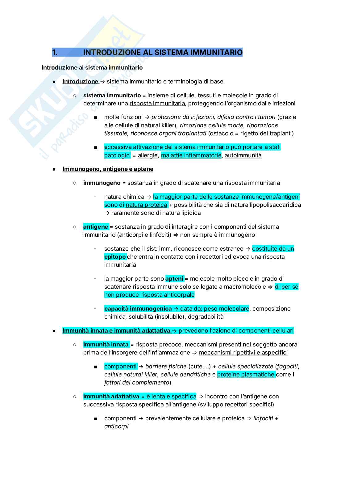 Sistema immunitario e la pratica sportiva - Appunti lezioni Pag. 1