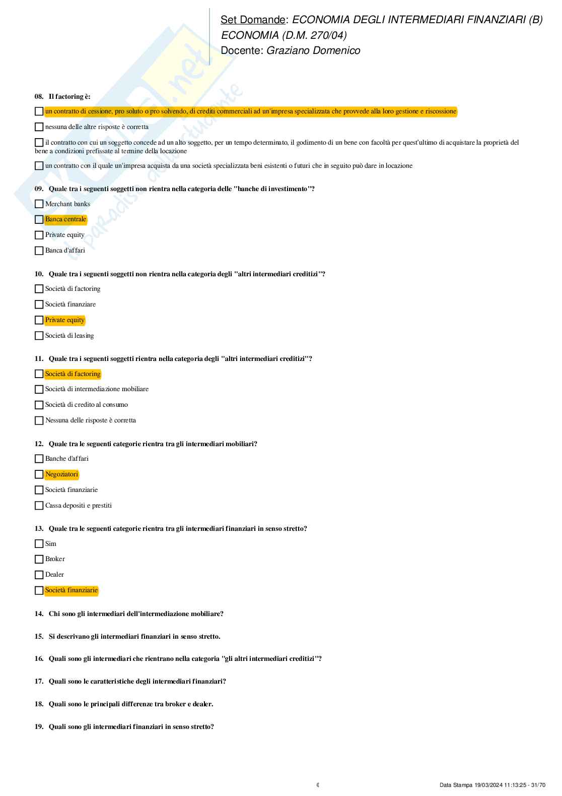 Soluzioni crocette Economia degli intermediari finanziari (B)   Pag. 31