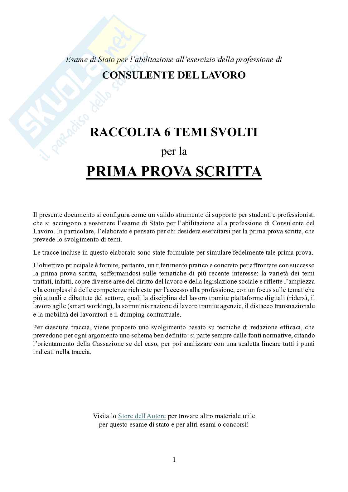 Simulazione di esercitazione per esame stato abilitazione consulenti lavoro - temi svolti prova scritta di diritto del lavoro e legislazione sociale - Temi da 1 a 6 Pag. 1