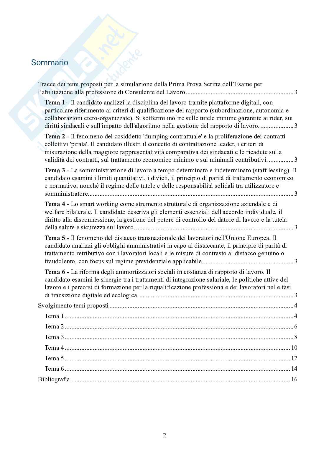 Simulazione di esercitazione per esame stato abilitazione consulenti lavoro - temi svolti prova scritta di diritto del lavoro e legislazione sociale - Temi da 1 a 6 Pag. 2