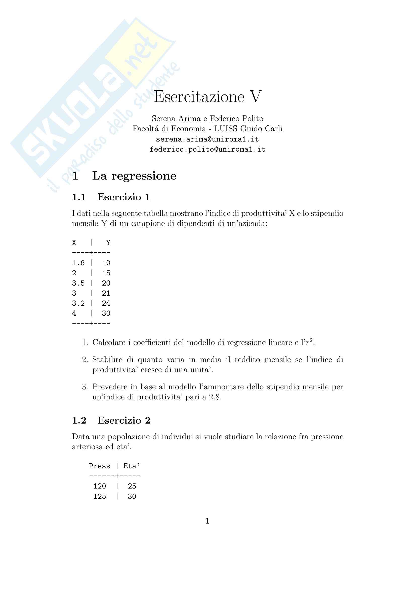 Modelli statistici - esercizi Pag. 1