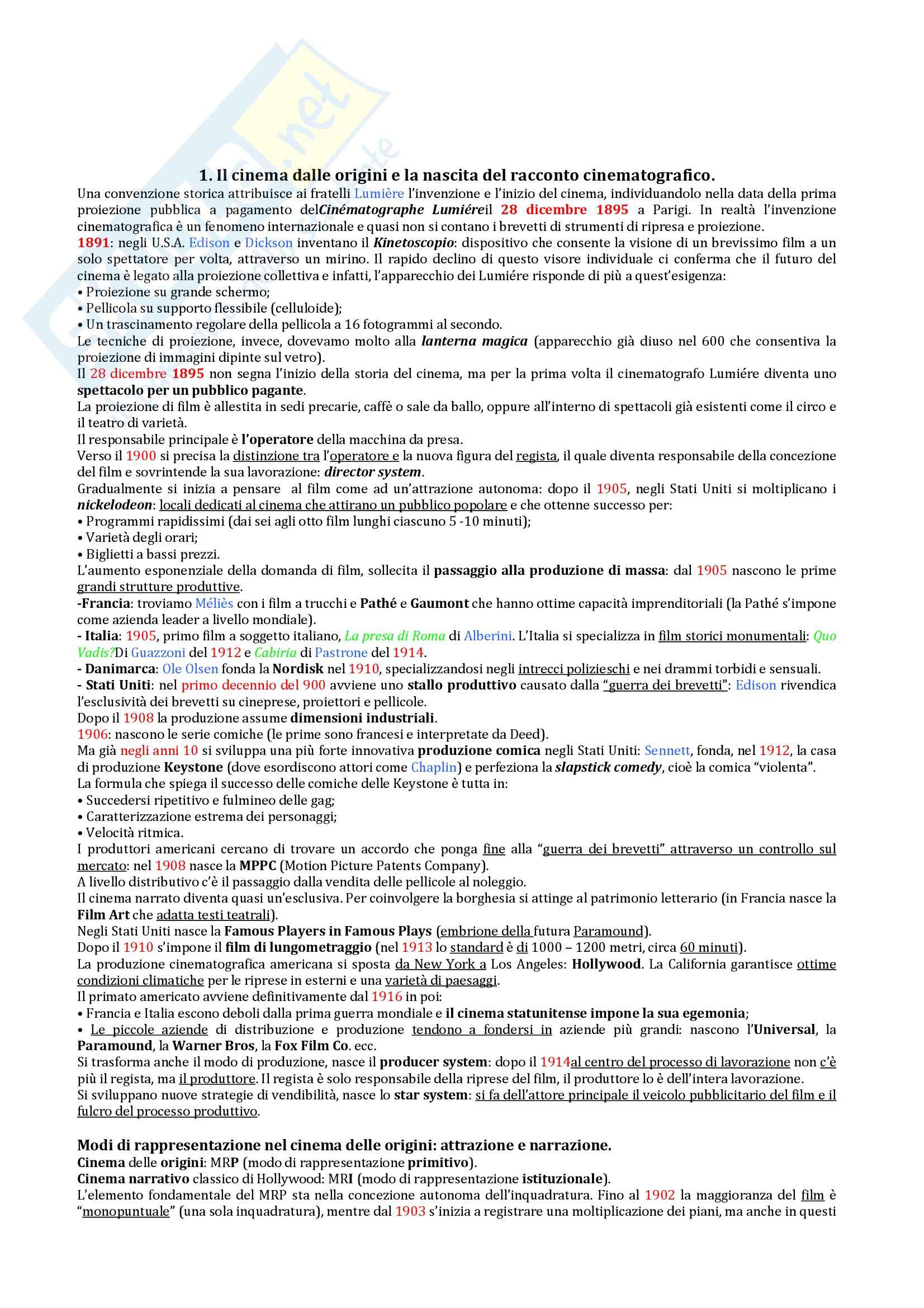 Riassunto esame Istituzioni di storia del cinema, prof. Pesce, libro consigliato Introduzione alla storia del cinema, Bertetto Pag. 1